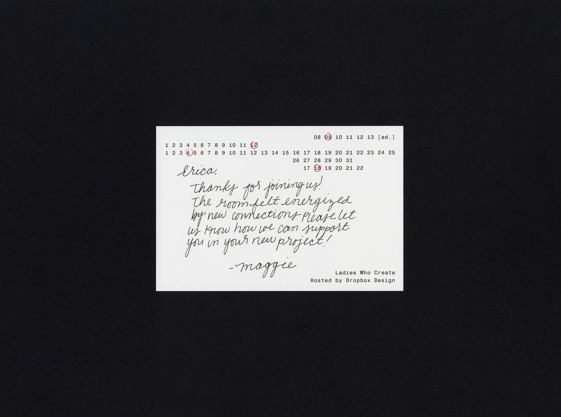 Ladies Who Create, thank you card, 4 × 6 card stock, 1/0 offset, 0.125 radius metallic stamp, handwriting (thanks Michelle Morrison)