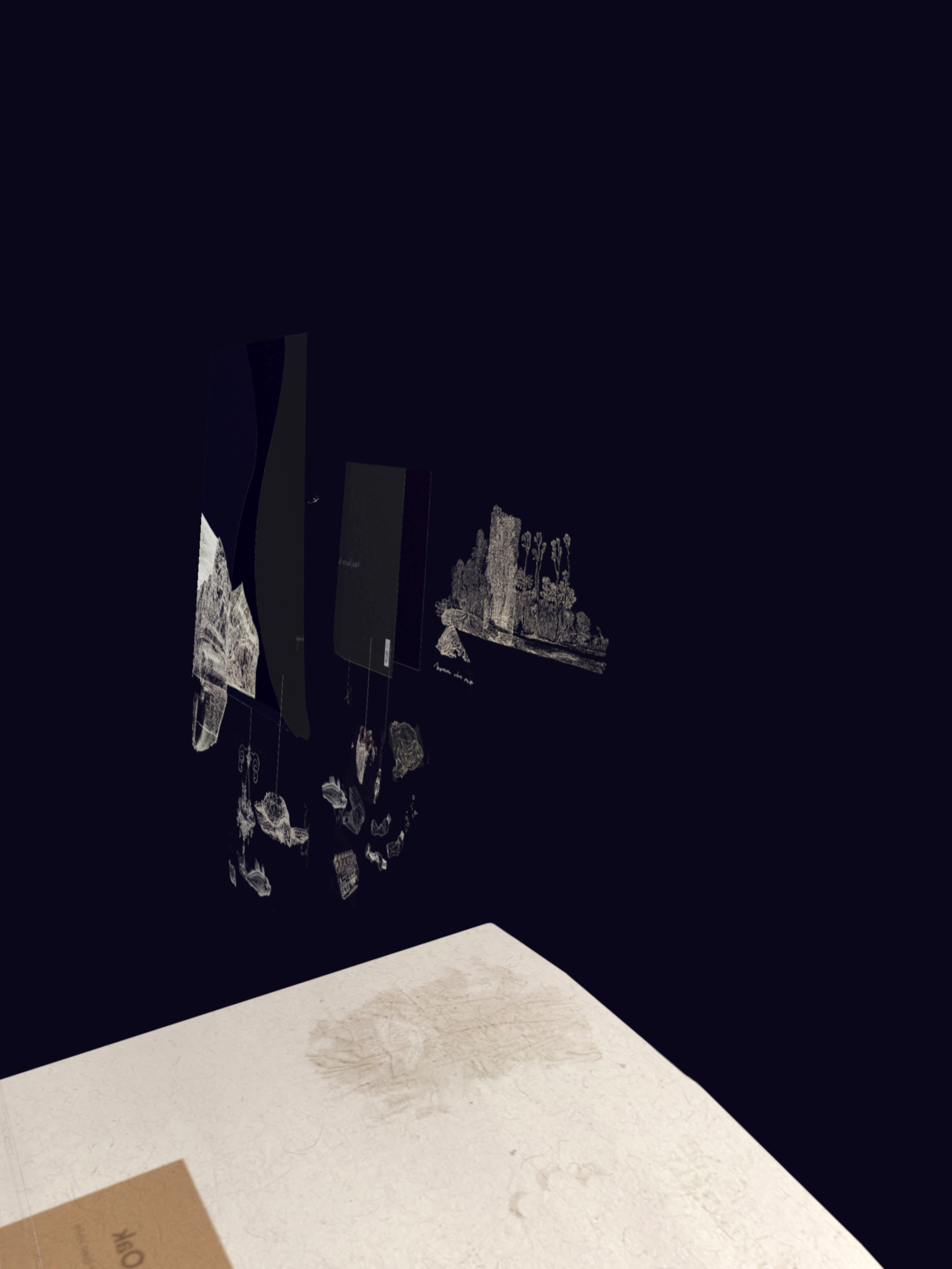 Animation Detail: Navy and grey pages containing ocean creatures, mountains, and forests appear above an off-white page of the pop-up book.