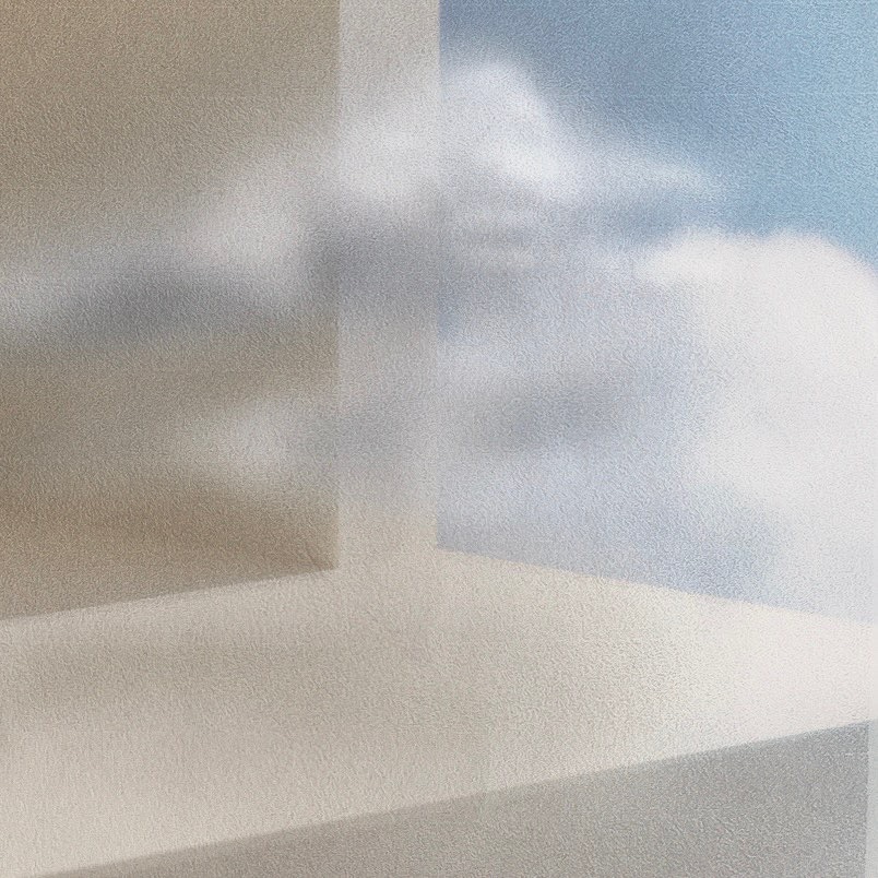 Artwork detail: sunlight streaks into a bedroom doorframe filled with floating white clouds.