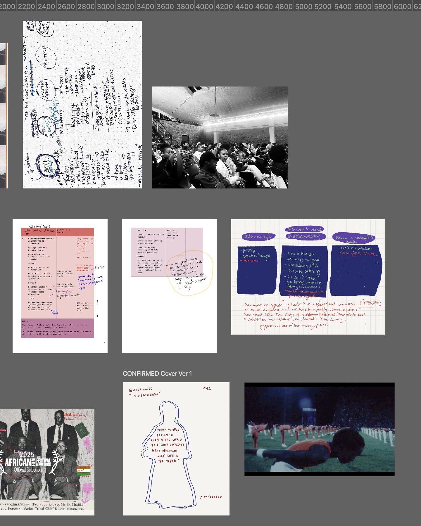 A collage of illustrations, notebook pages, and photographs detailing the film's creation process appears on top of a dark grey background.
