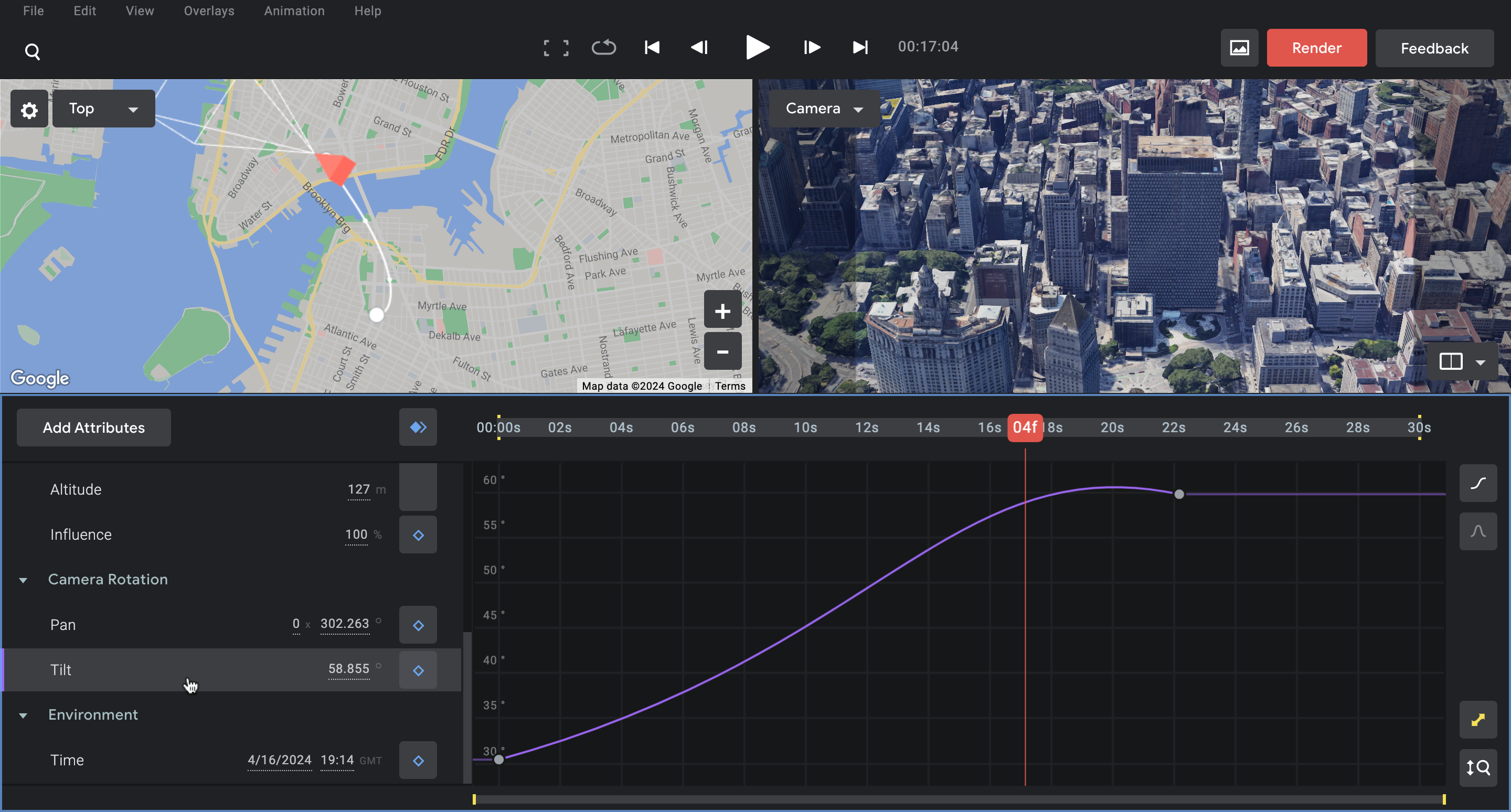 Animation Behind the Scenes: a screenshot of Google Earth Studio with a video timeline and motion paths.