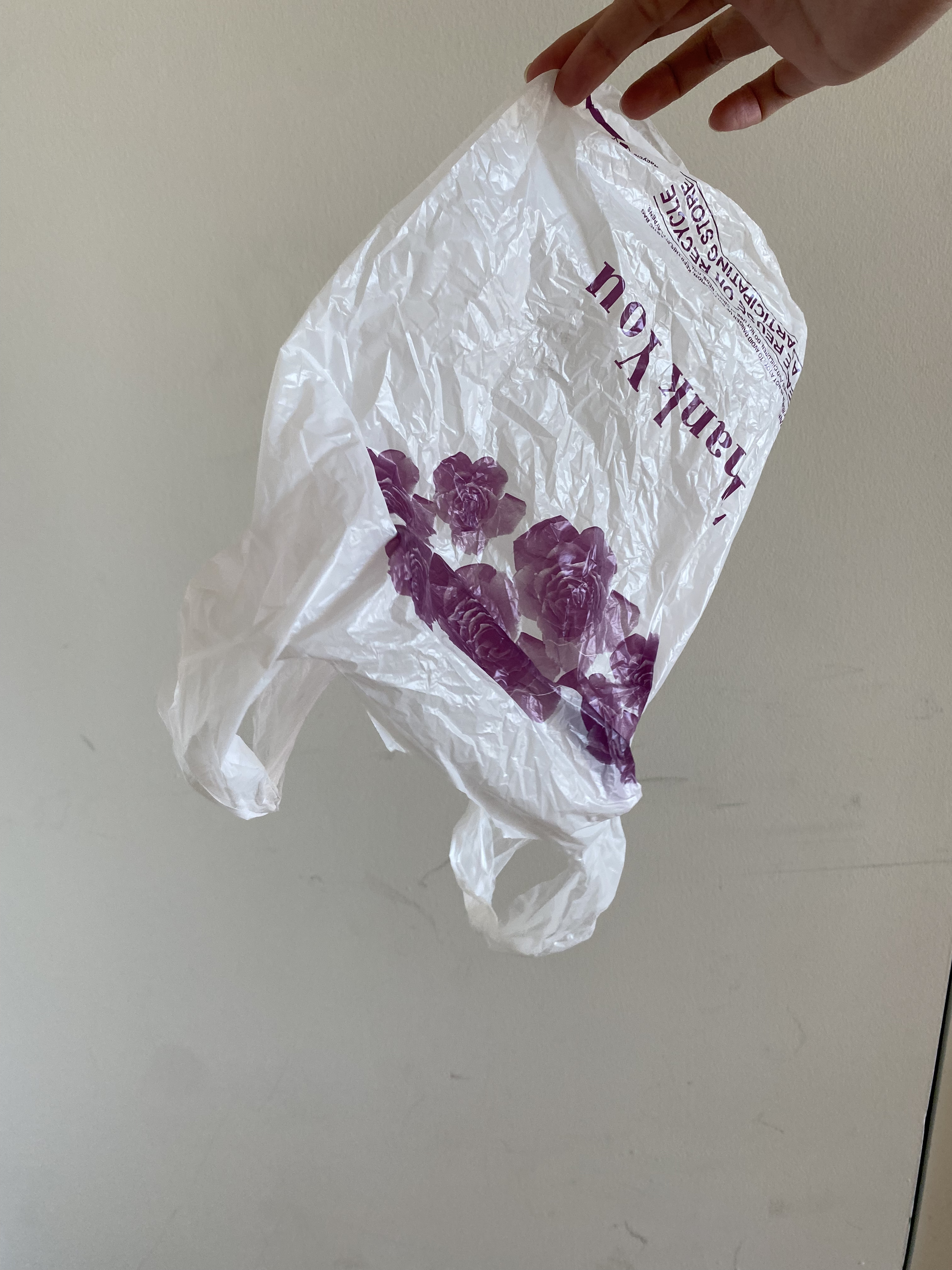 Animation Behind the Scenes: a hand holds up a wrinkled plastic grocery bag with purple prints on it.