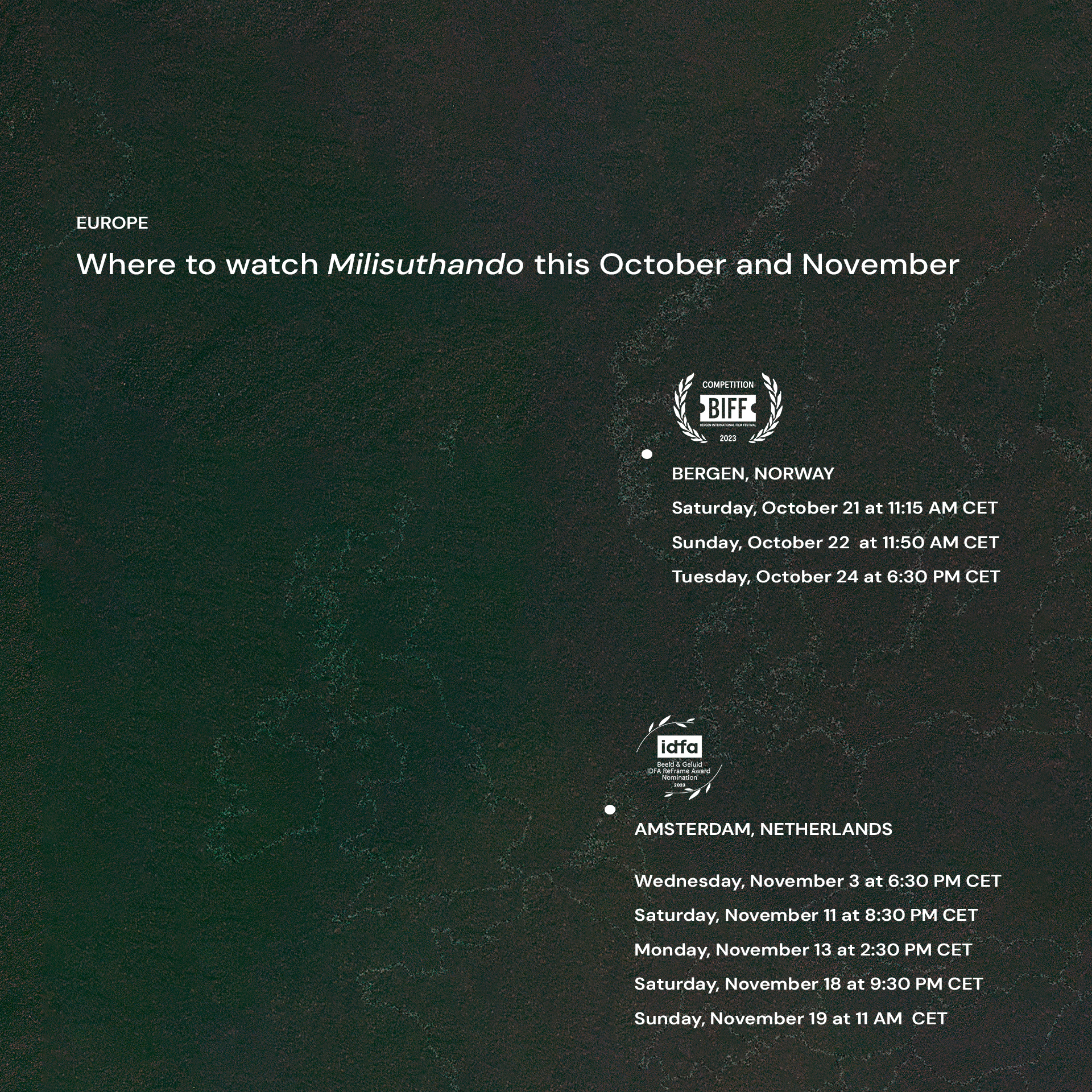 Two film laurels appear on top of a thin line drawing of a map of Europe. At the top left, the text, 'EUROPE: Where to watch Milisuthando this October' appears in white against a dark green background.