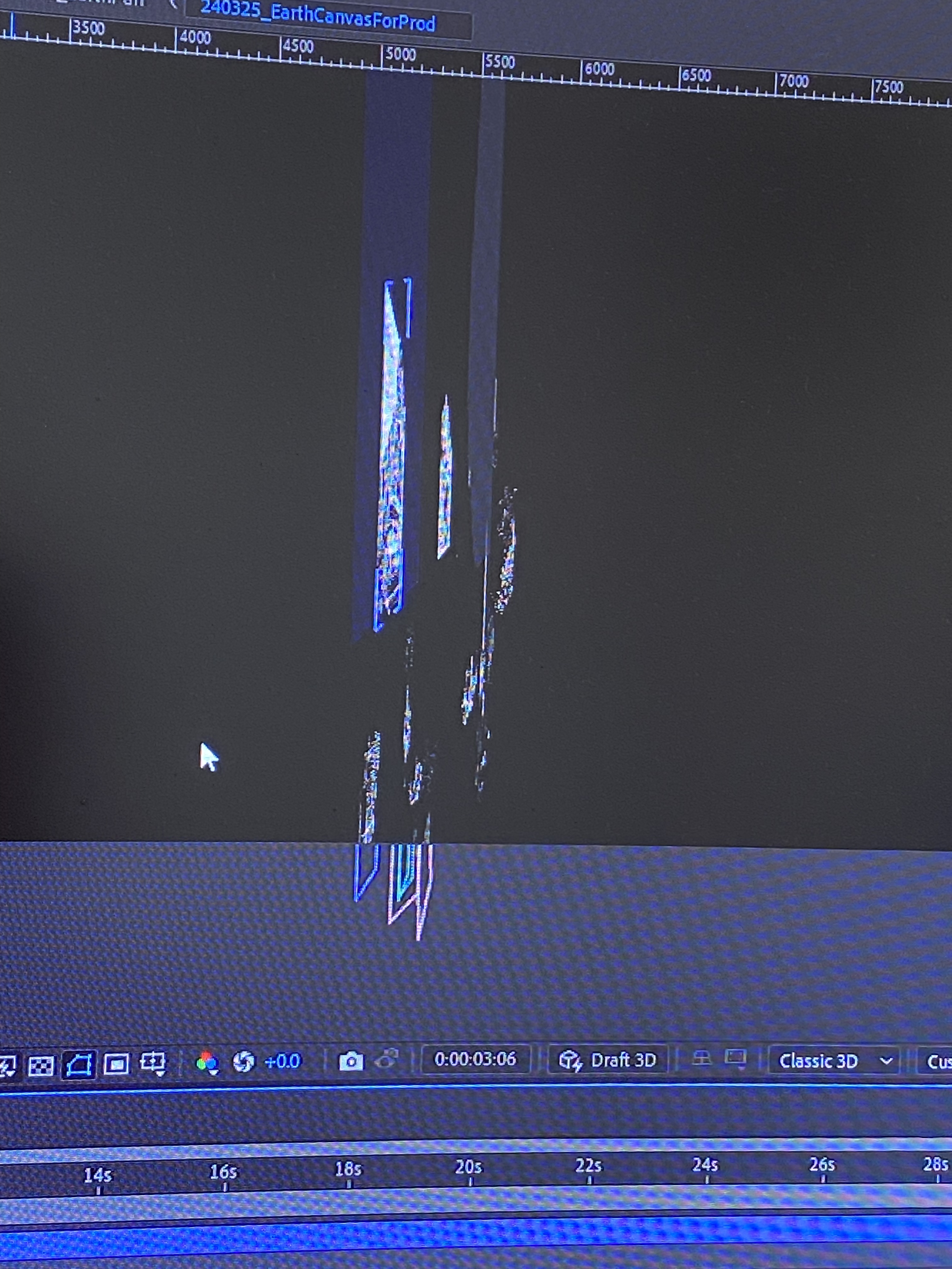 Animation Behind the Scenes: a computer monitor shows pixelated shapes on an After Effects working screen.