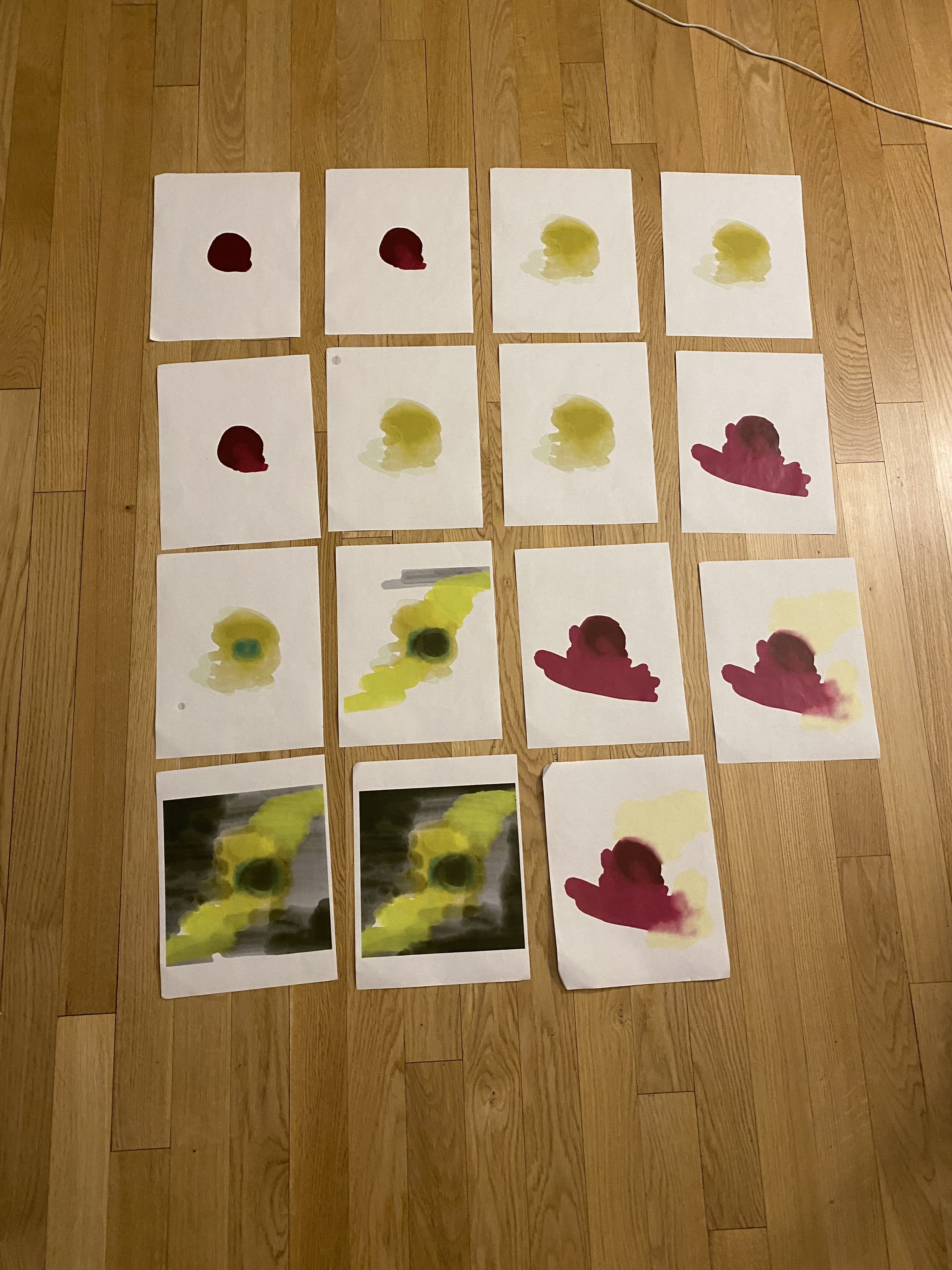 A grid of abstract paintings is laid out in four rows on a wooden floor.
