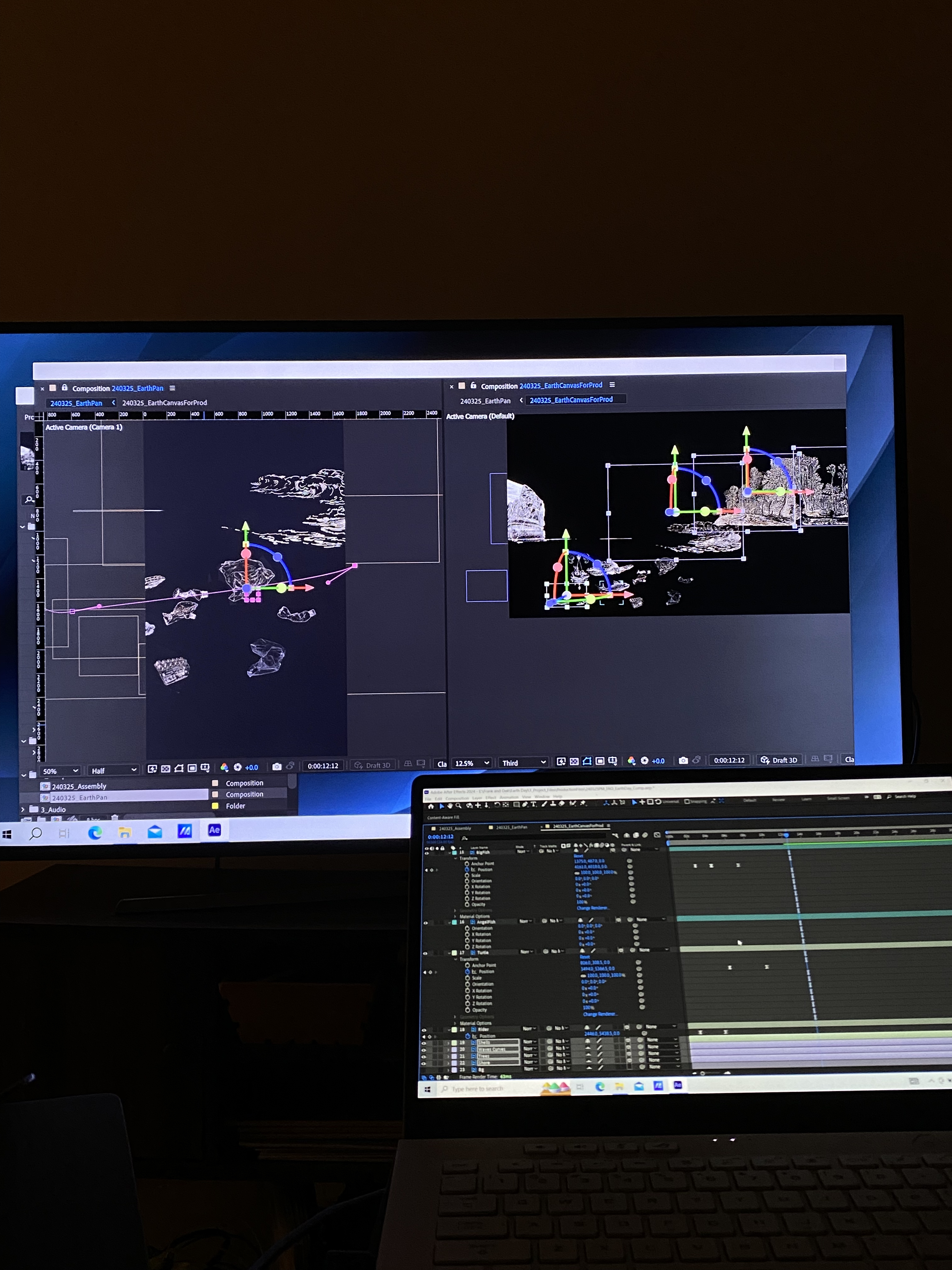 Animation Behind the Scenes: Two monitors showing an After Effects Timeline, motion paths, and illustrations of a forest, plastic bags, and ocean creatures.