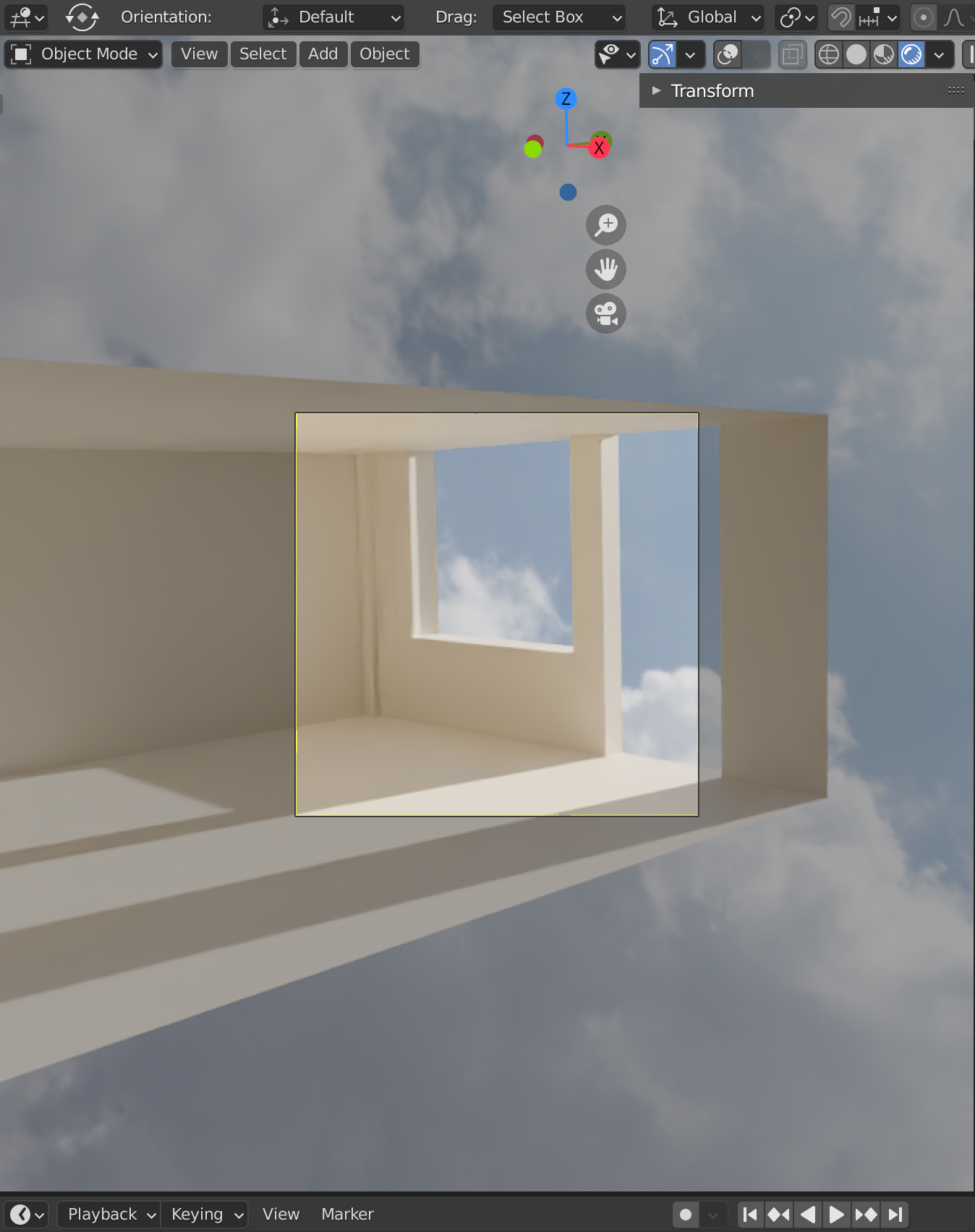 Artwork process: a screenshot of a Blender interface, containing a room floaing in the clouds and a camera viewport framing what is captured.