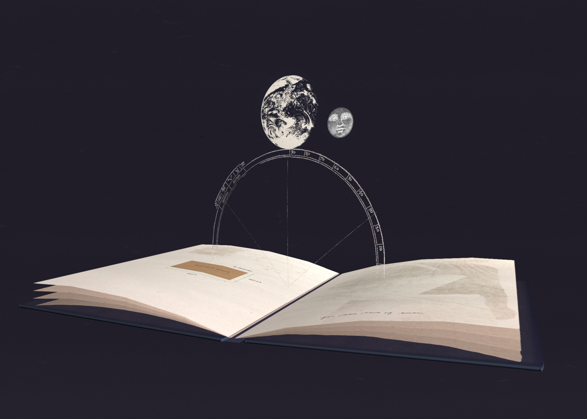 Animation detail: digital render of a pop up book with an Earth, Moon, and orbit appear against a dark background.