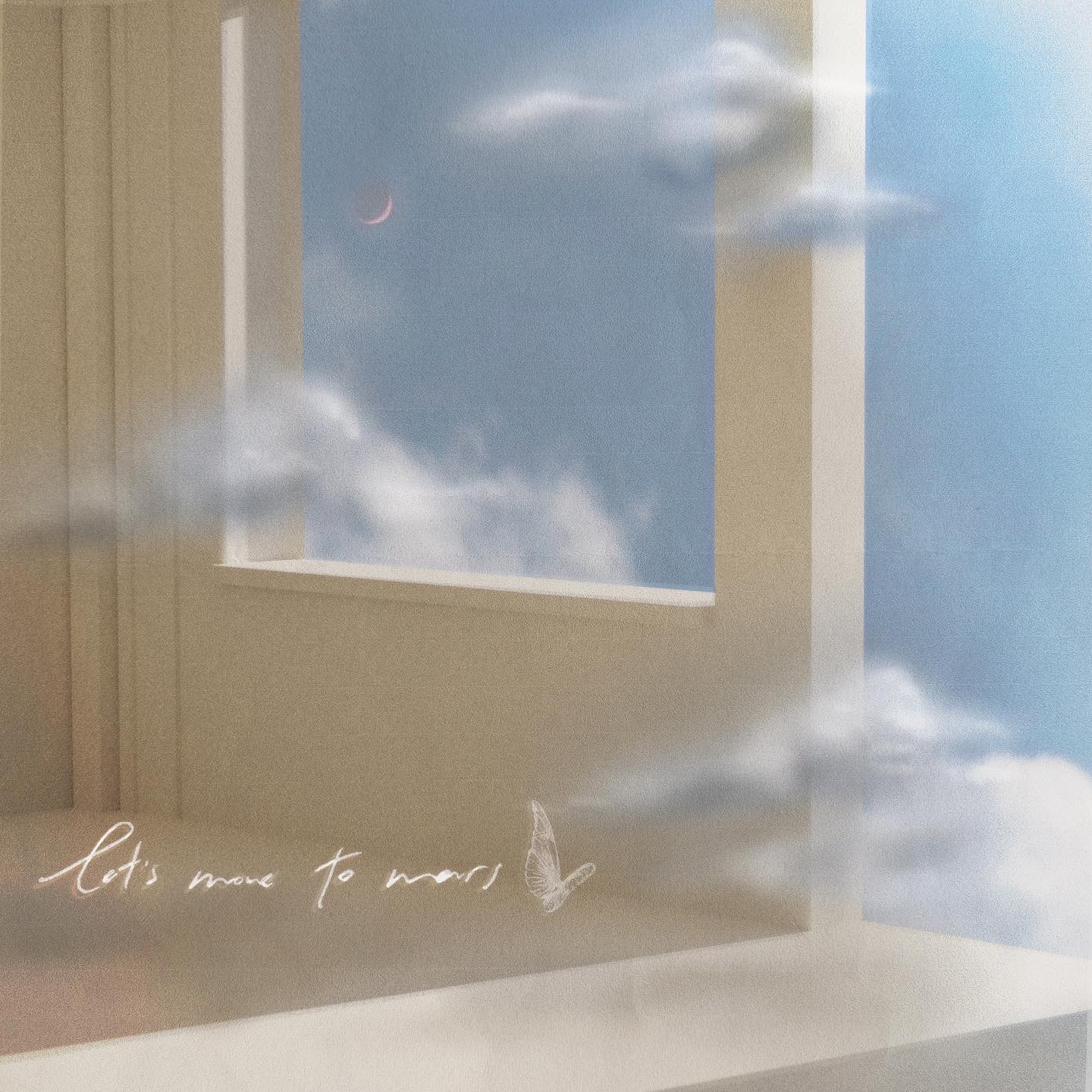 Rendering of a brightly lit room, floating in the sky with clouds and a pink crescent moon. The text, 'let's move to mars,' appears in the lower left in handwritten script, along with an illustration of a butterfly.