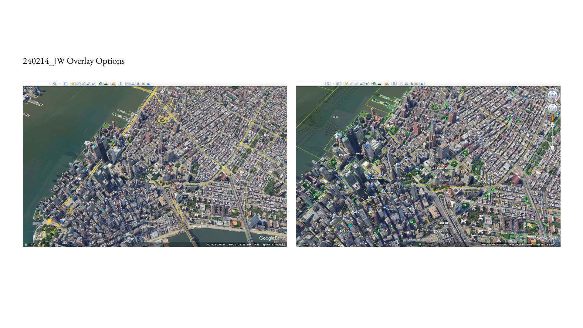 Animation Behind the Scenes: a screenshot of two rendering options of satellite footage, with different street markings.