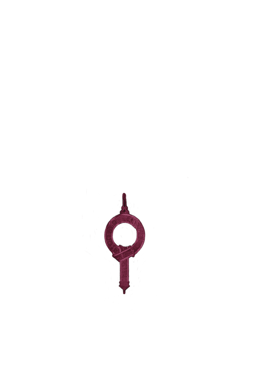 A dark magenta colored wood inlay design of a ribbon formed in the shape of a loop that appears to be a seal. 