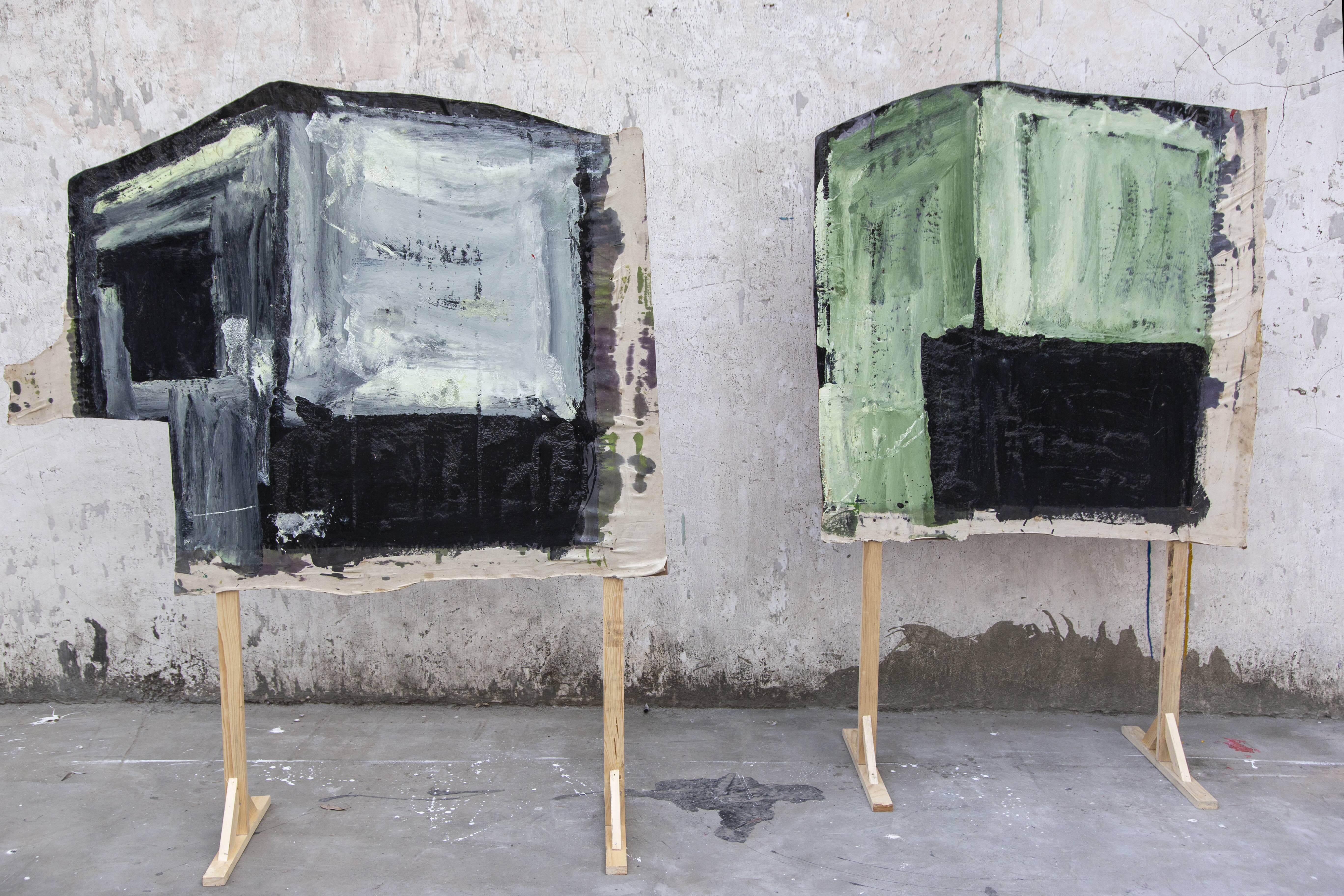 New Constructions I & II, 2024, enamel paint on canvas and MDF, dimensions variable