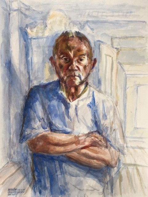 Zelf met armen over elkaar 2001 - watercolor 50x40 cm