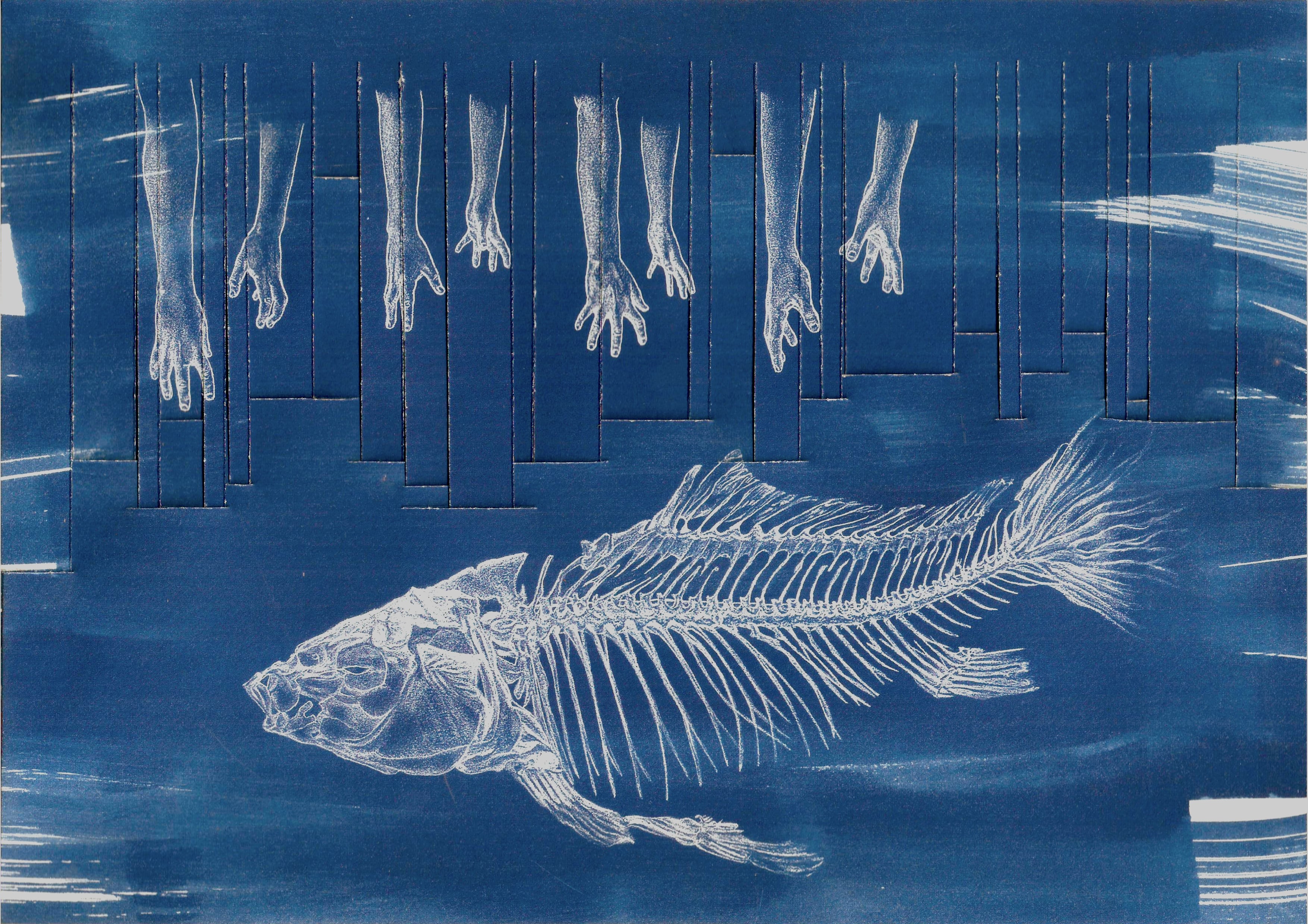 &lsquo;Their decline is our decline&rsquo;, cyanotype on recycled cotton rag paper, 320 gsm, 21 x 28.5 x 0.5 cm A multilayered cyanotype print from various graphite sketches, for Door to Door exhibition with Art Aviso