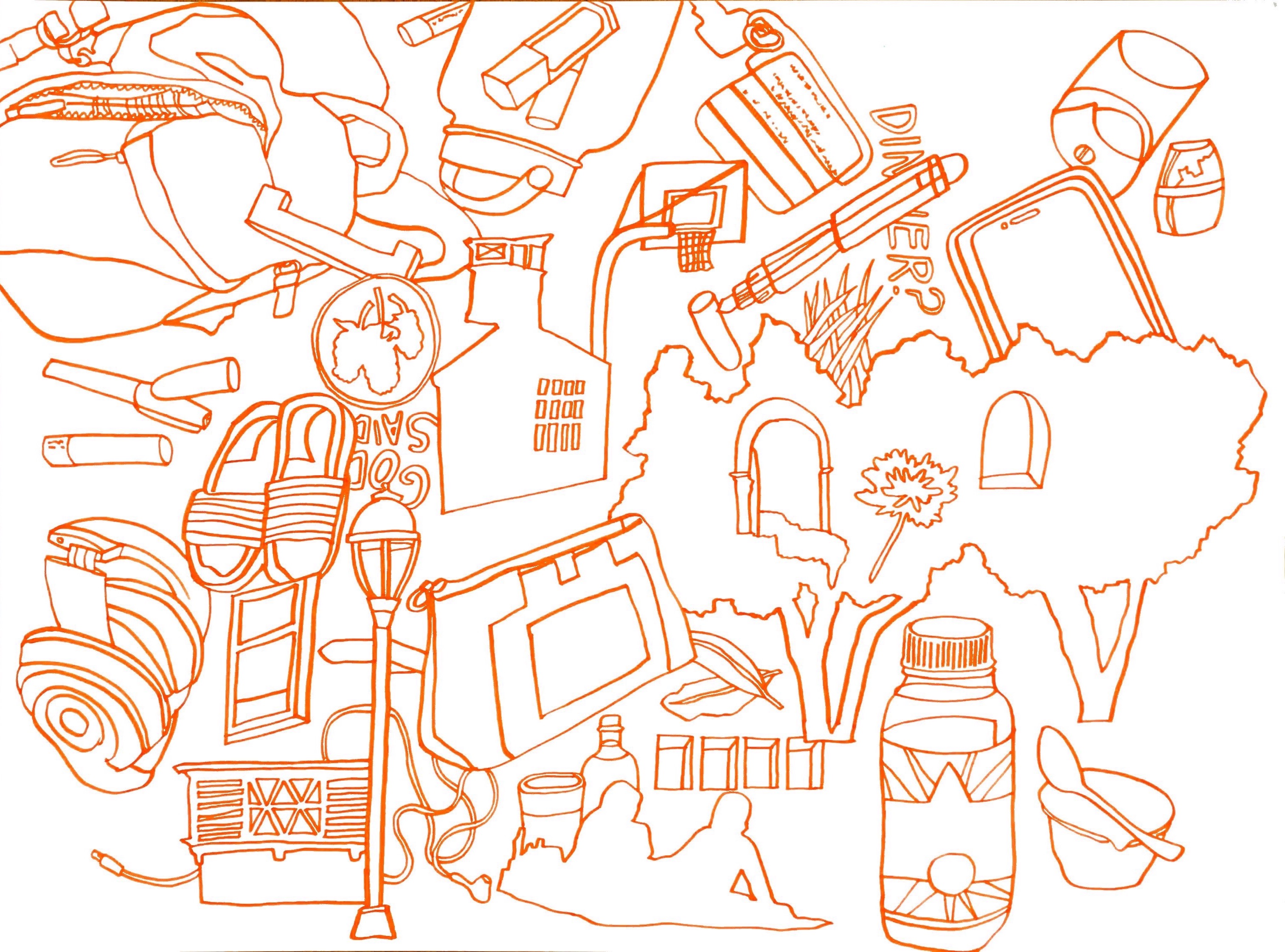 grass beach, orange ink on bristol, 18" x 24" (2020)