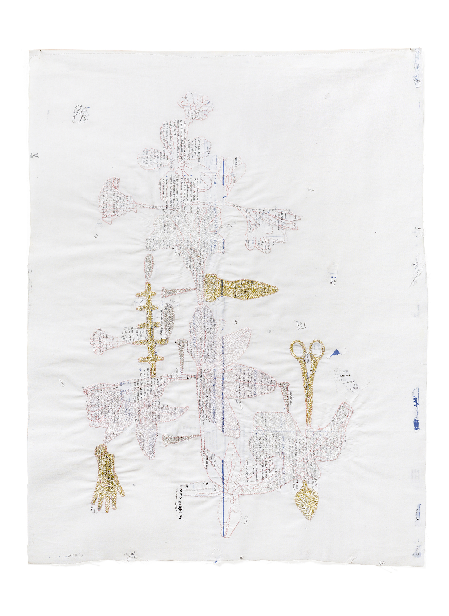  Les Fleurs du Mal, 2016 . Embroidery and fragments of medicine information leaflets on second-hand  cloth .  47 x 26 cm