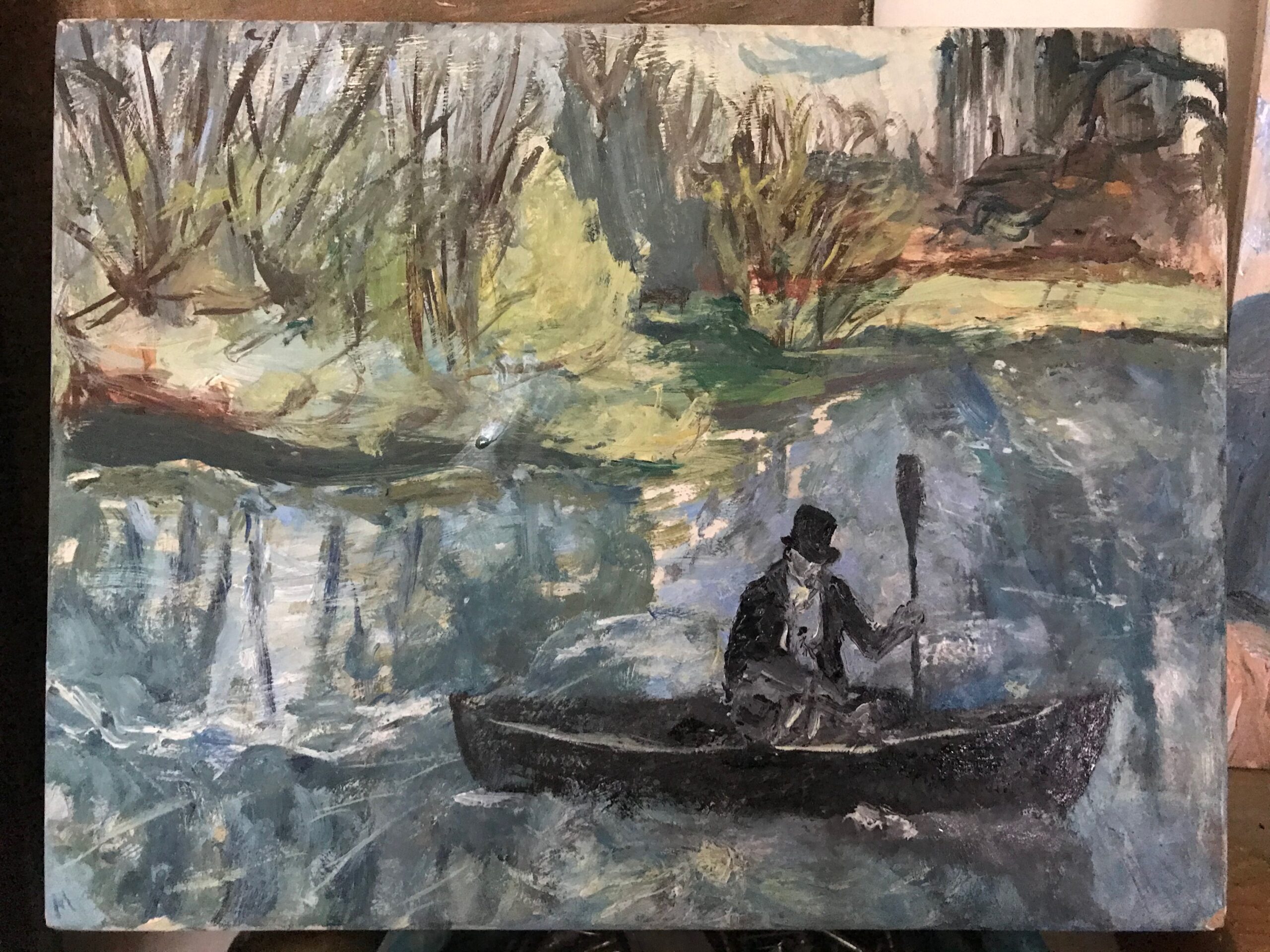 Boatman Paused, oil on gesso panel, 20 x 26 cm