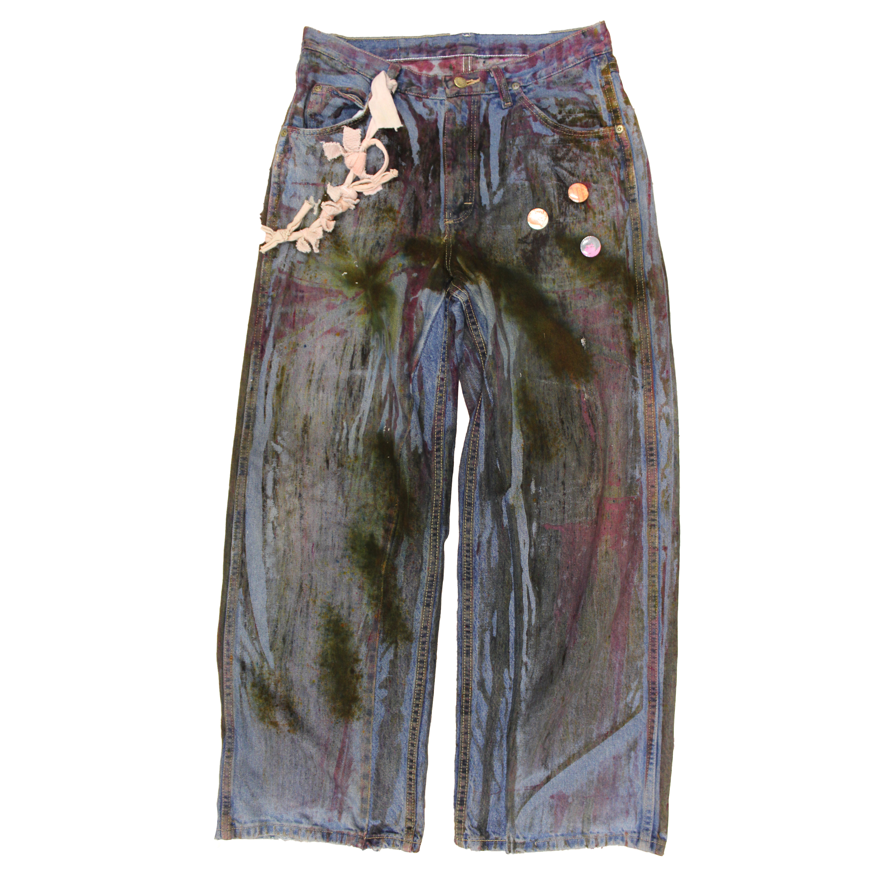 reclaimed vintage surplus denim screen printed with textile dye & various metals. tailored for straight/wide fit. fitted with custom keychain, scrap chain, and leather patches