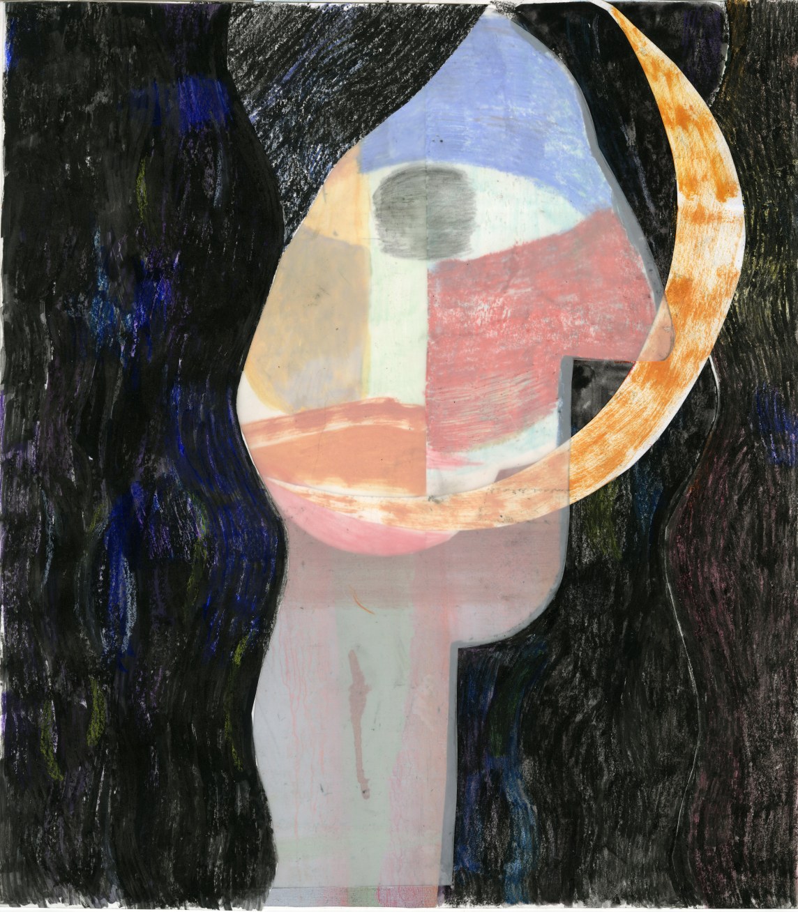 Full Moon-eyed, 11 x 12 inches, collaged oil on paper, mylar, pencil crayon, 2018