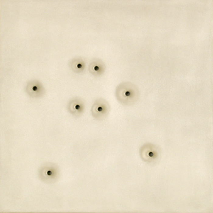kleifontanano #25, 2003, oil on aluminum with gunshot, 22x22 in