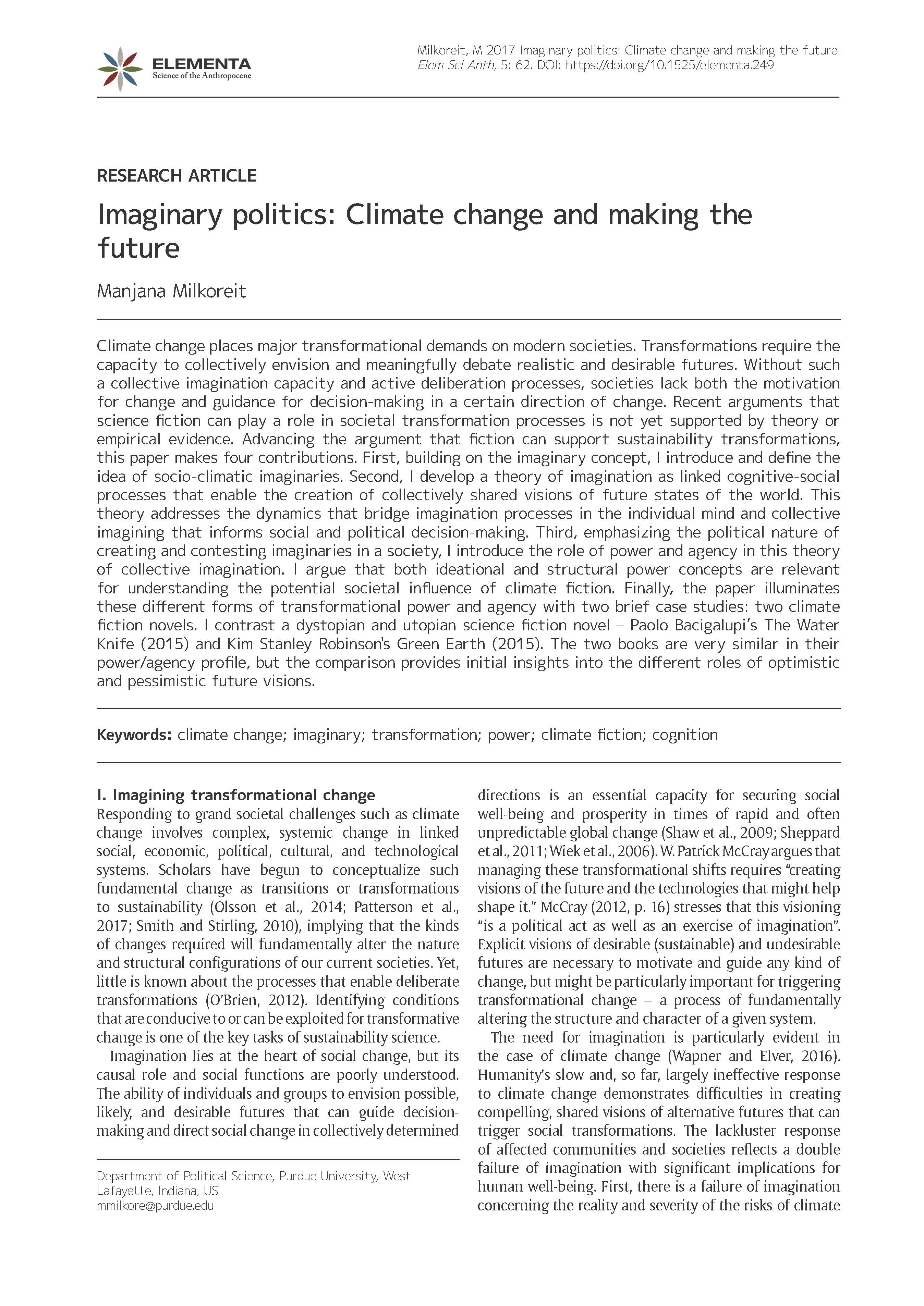 Milkoreit, Manjana. "Imaginary Politics: Climate Change and Making the Future." Elementa (Washington, D.C.) 5 (2017): 1-18. [Teams]