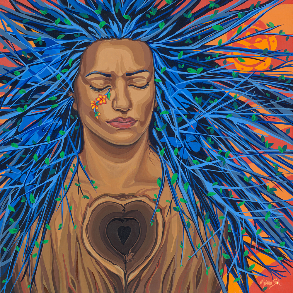 Portrait painting of a figure with a medium skin tone, whose eyes are closed and whose bright blue hair radiates across the canvas in branching straight lines, like a tree or shrub. Concentric hearts appear on the figure’s chest.