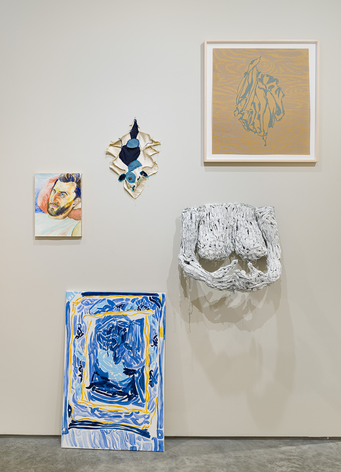 Works by Helen Marden.  Top Row, Left to Right: "Doug", 2020, Gouache on paper, 15 x 11 inches; "Untitled (it will not last forever)", 2022, Jeans, fabric, embroidery thread, marbles, push pins, 19.5 x 13.5 x 1.75 inches; "Hair on floor", 2021, Oil sticks on paper, 25.25 x 23.25 inches.  Bottom Row, Left to Right: "Mother and Child", 2021, Acrylic on canvas, 36 x 24 inches; "Mother's hug", 2022, Chicken wire, jeans, plaster, 25 x 18 x 14 inches. Image by Etienne Frossard.
