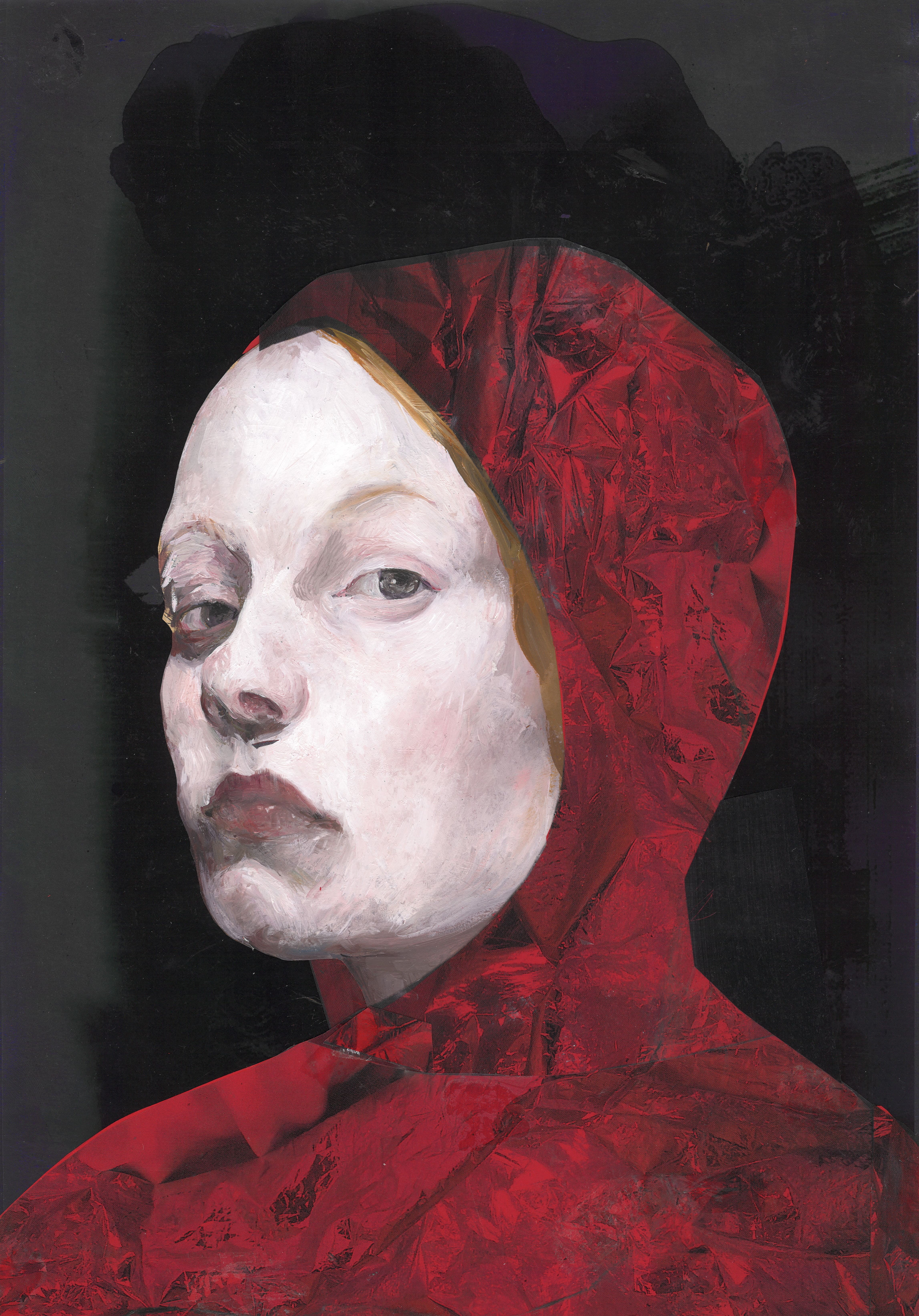 PaulineOil paint on paper, collage with photo material and etching, 28 x 44cmSerie: Melancholic Portraits2024