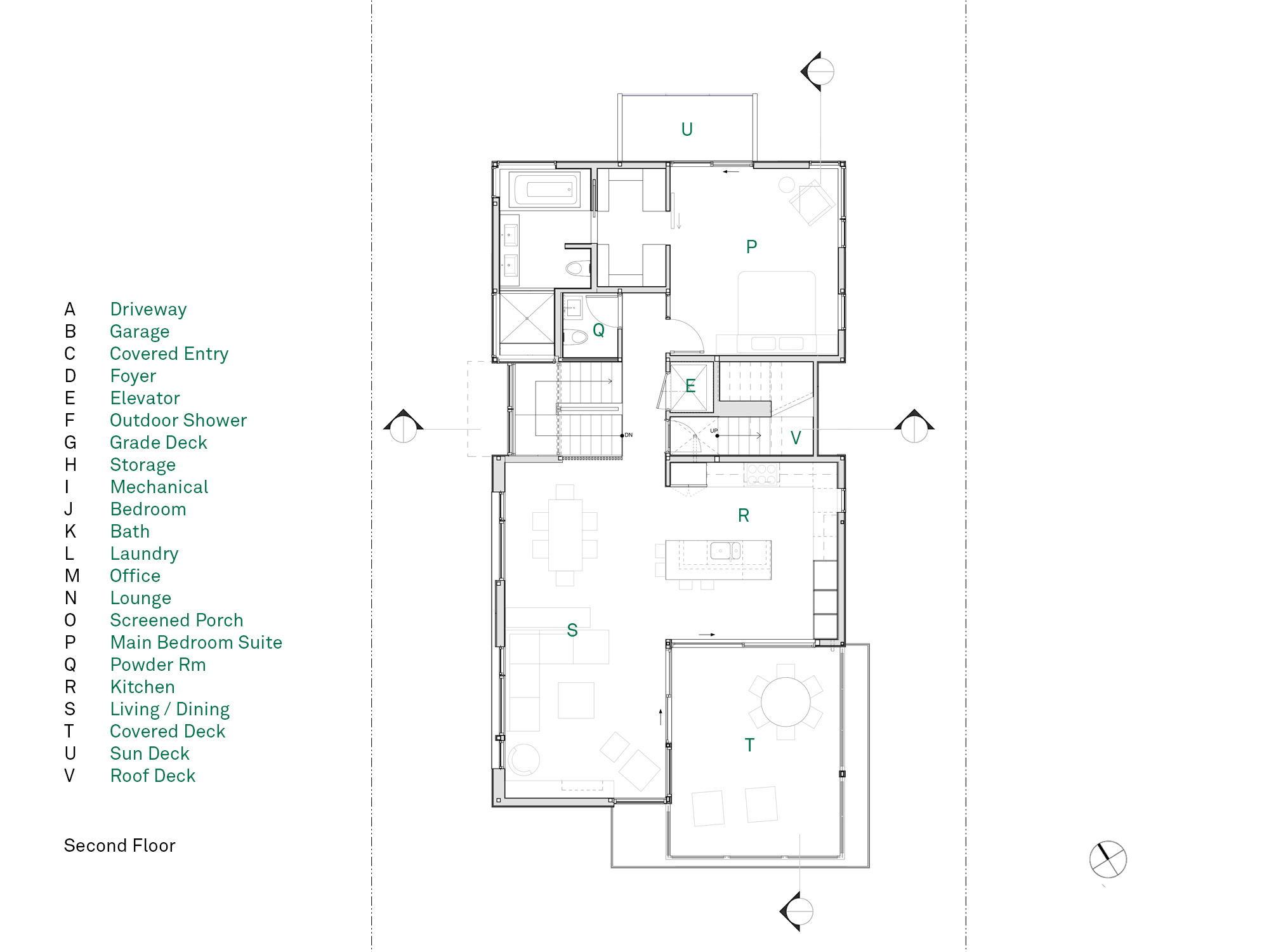 Architectural floor plan of the Gap House second floor, featuring the open concept Living/Dining area, Kitchen, and the location of the Main Bedroom Suite (P) and Covered Deck (T).