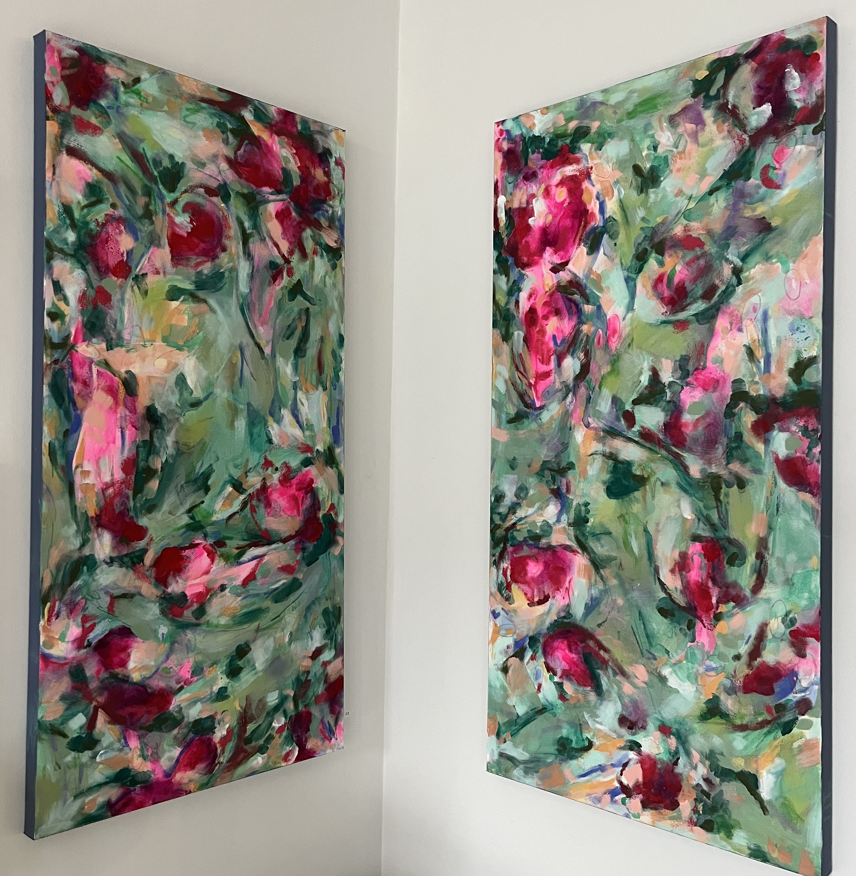 ruby fuschite, (2) 24x48 acrylic flashe oil stick and water color on canvas.
