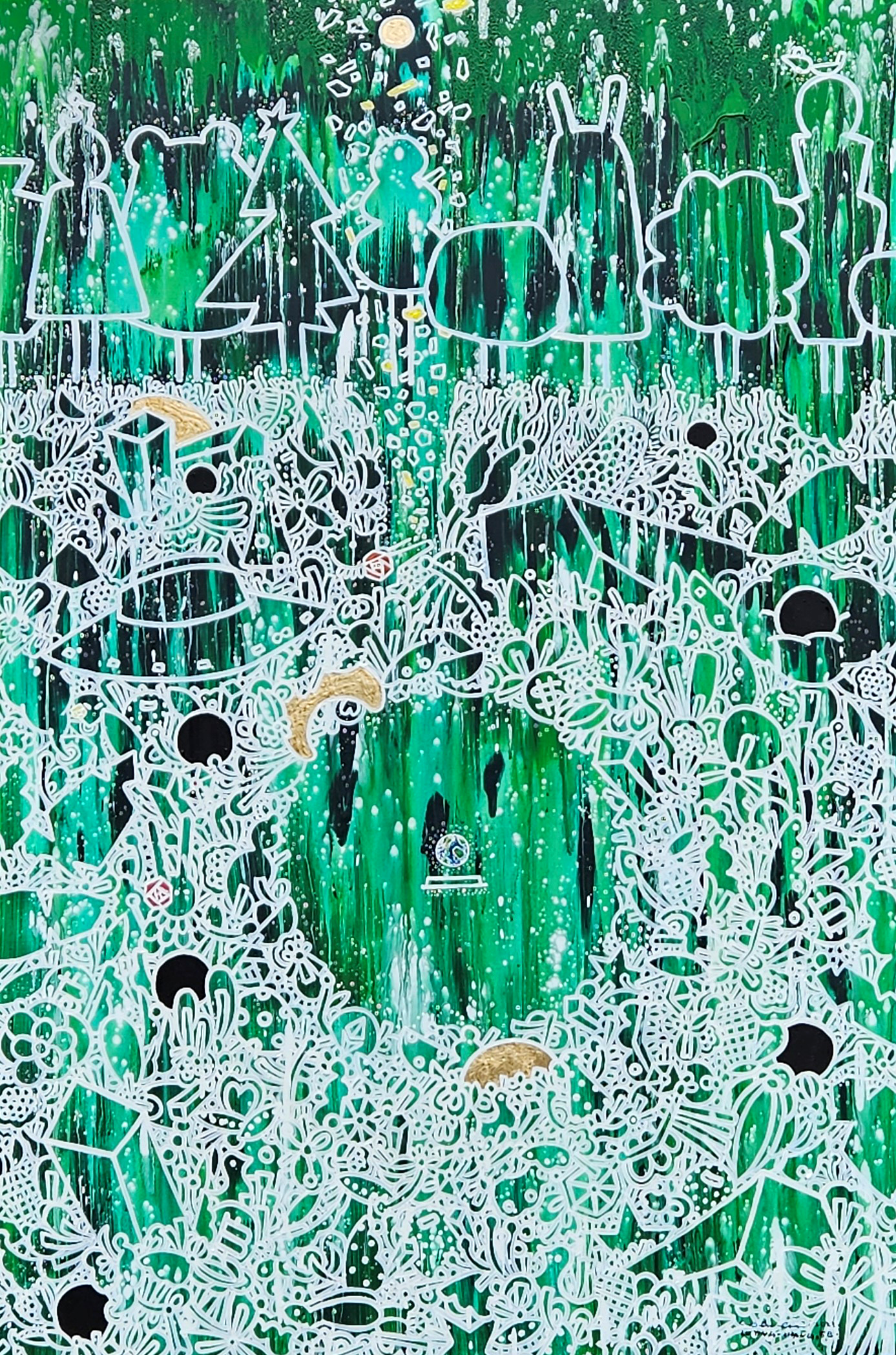 綠色森林裡的一顆球。A ball in the green forest。Acrylic paint. Metallic foil. Canvas, Cm 100x150, 2023