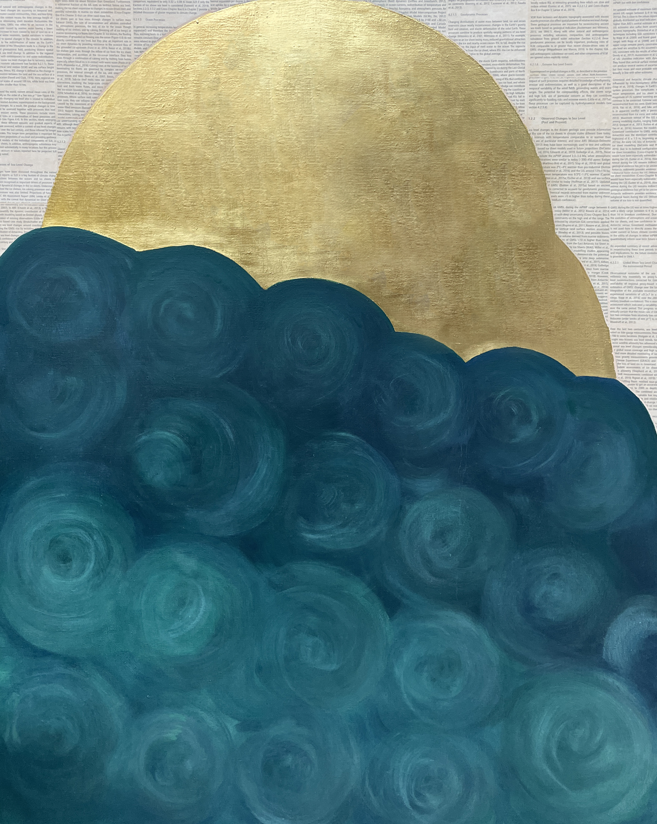 Flood (IPCC), 2022, 92x122cm, oil, collage and gold leaf on canvas