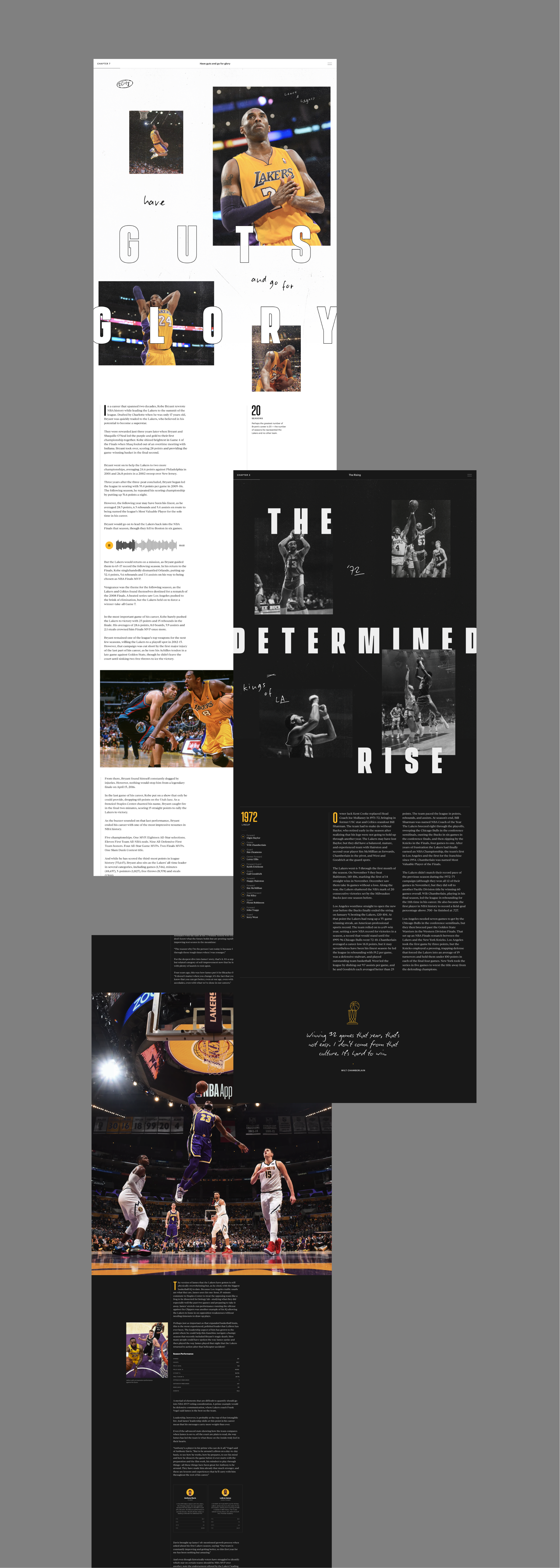 Shown are concepts for rich and interactive editorial pieces. For a team with a rich history, and high cultural relevance, these concepts aim to elevate the storytelling for the past, and present key moments. The art direction took inspiration from Dr. Buss being the first to introduce a theatrical like experience in the arena by dimming the lights and placing a spotlight on the court. Imagery also serves to elevate the players by showing them in a 'larger than life' format for drama and impact.