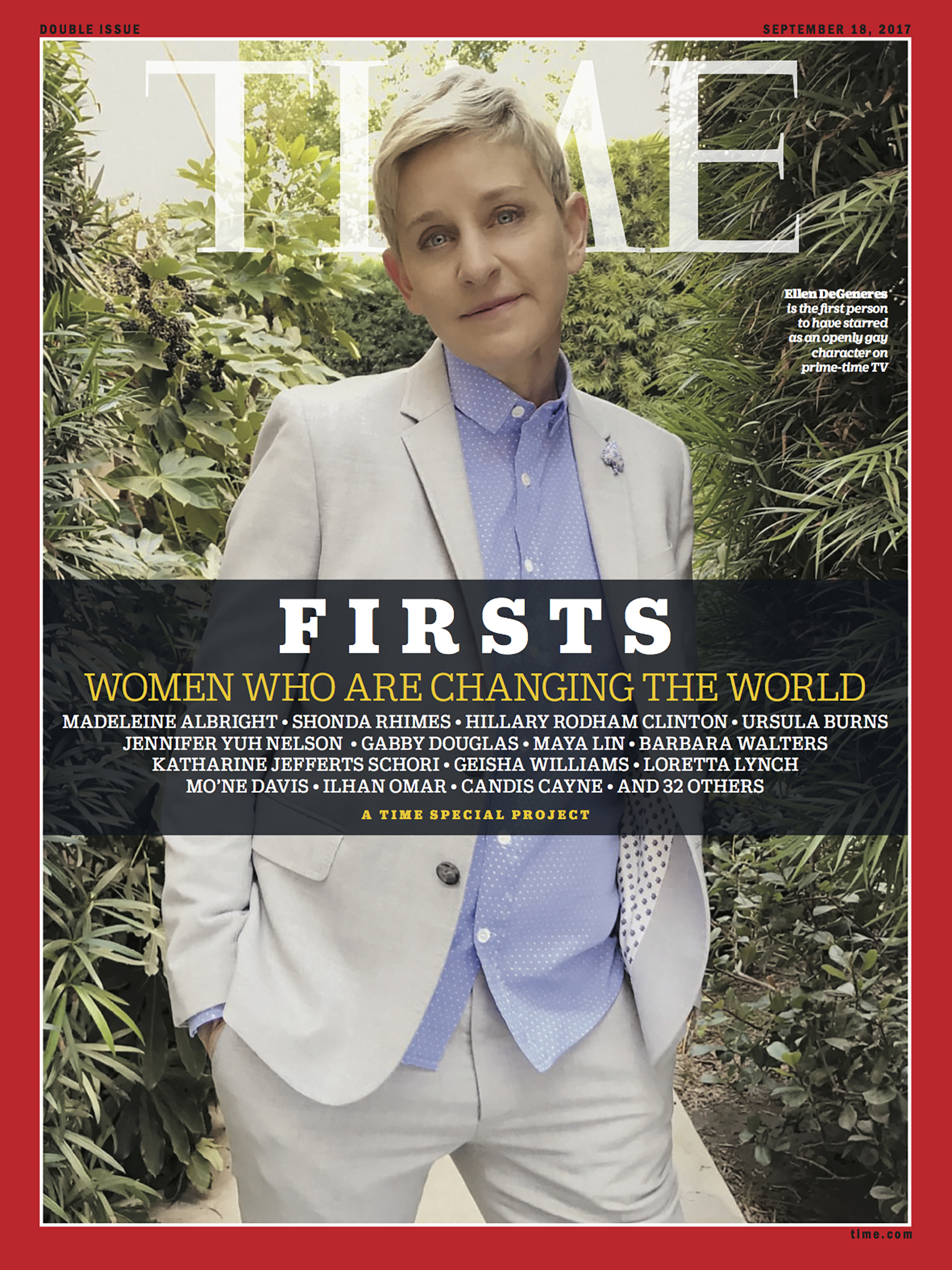FIRSTSFor Time MagazineEllen DeGeneres is the first person to star as an openly gay character on prime-time TV.Warner Bros Studios, CA, on February 9, 2017. OverviewIndex
