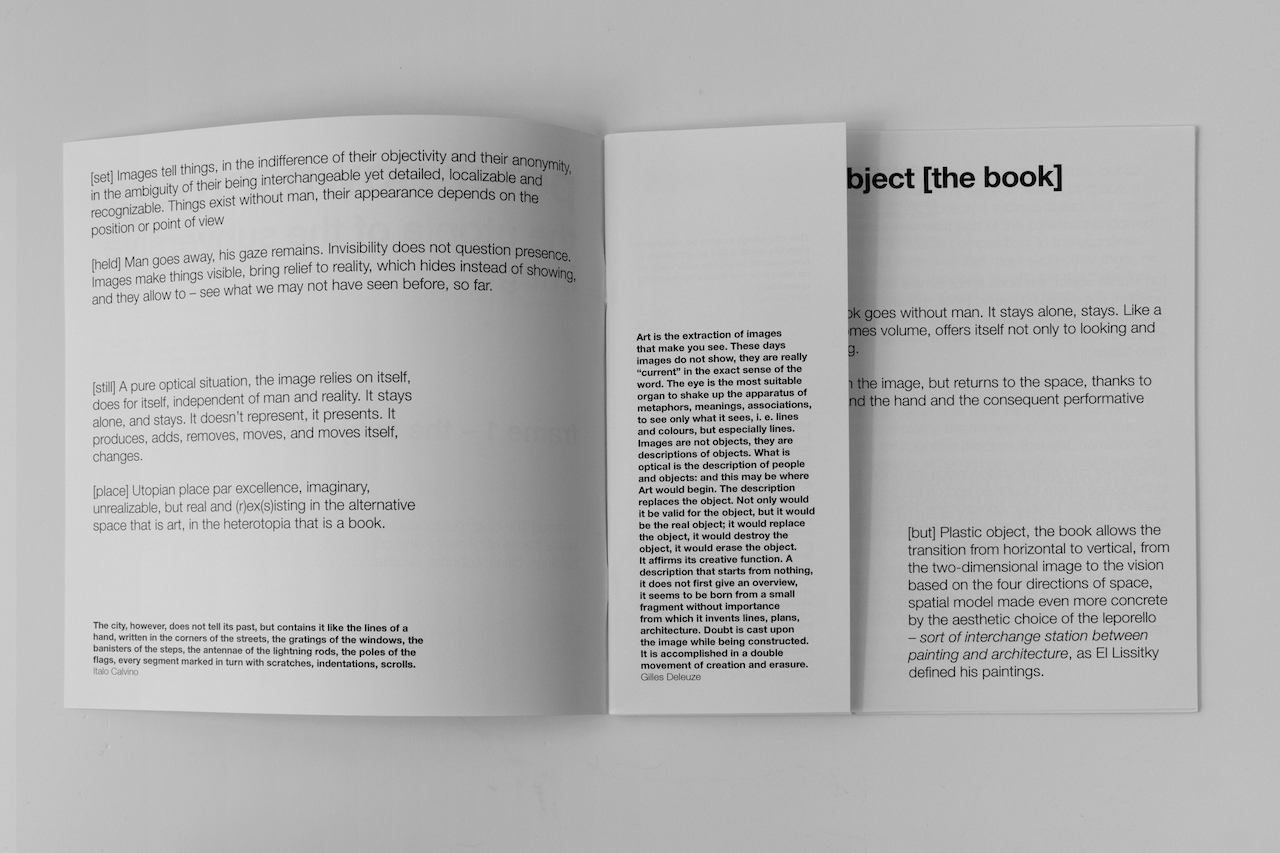 alt="booklet's spread of Peter Downsbrough essay by Giuliana Prucca"