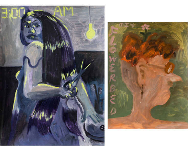 2 Paintings. The first painting is a portrait of a women holding scissors and chopping a large part of the back of her hair off. She is in shadows with a small light bulb hanging beside her. She has a quizzical look on her face. There is text that reads: "3 AM". The second painting is a profile of a persons head. They have short red curly hair and there is a pink flower on top of their hair. There is text that reads: "Flowered".