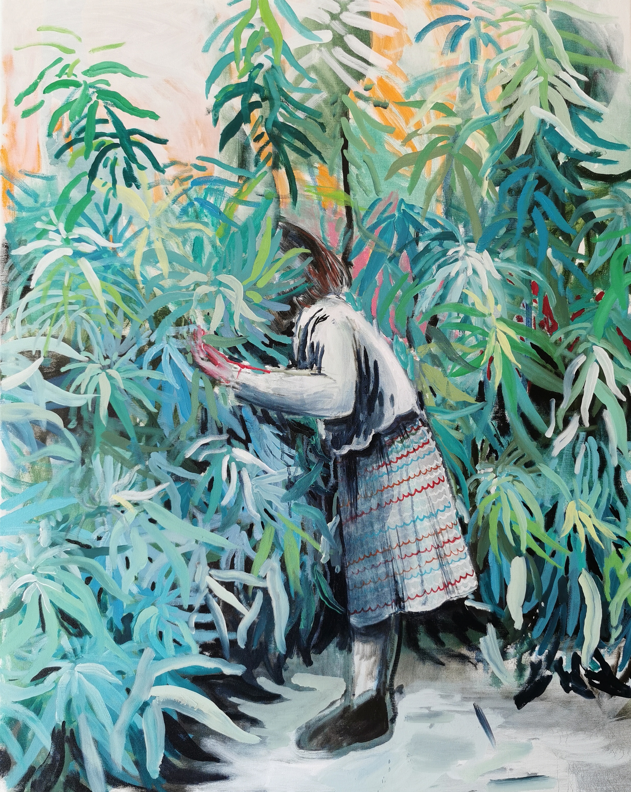 Behind a bush, acrylic and oil on canvas, 100/80 cm
