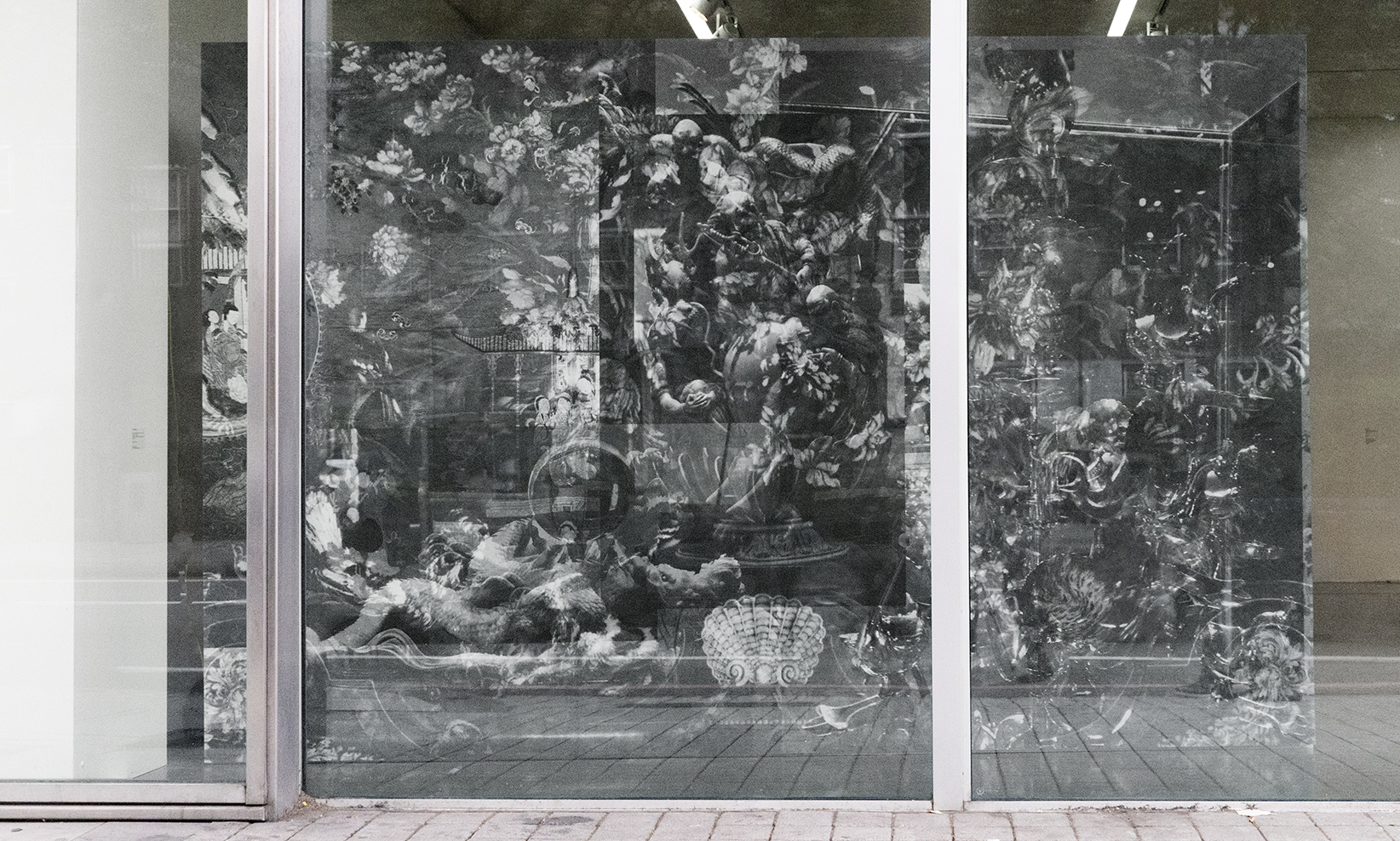 Digital collage printed on Phototex mounted on board, timber structure, theatre weights, 2017