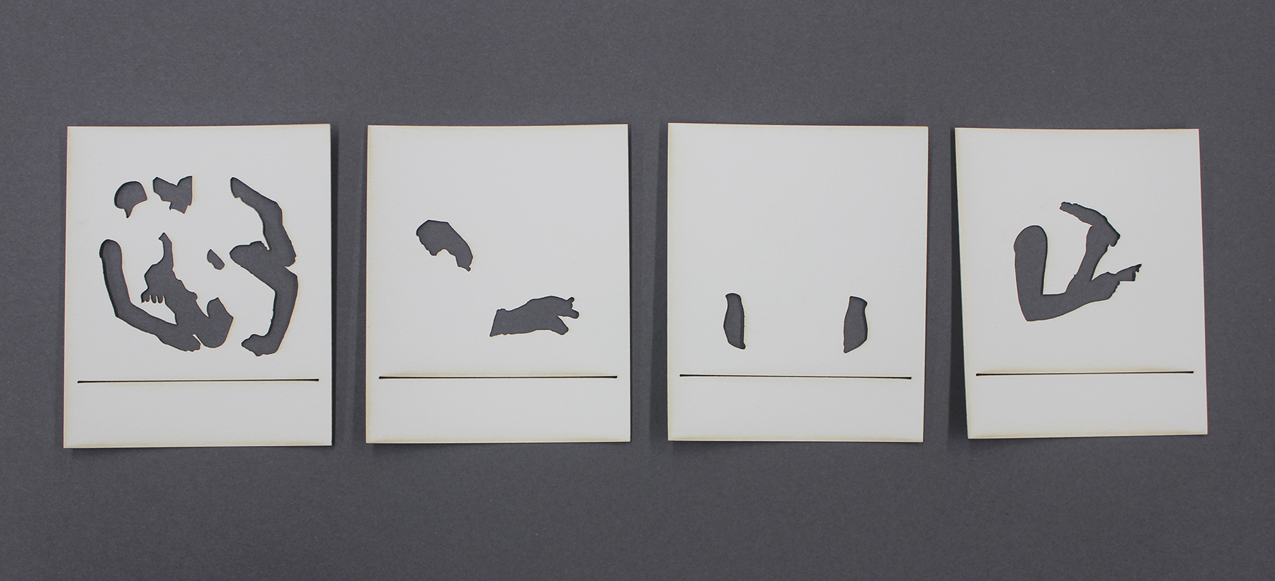 four laser cut images, their silhouettes depict a circular tangle of arms, two hands - one gesturing with a cigarette, two hands held rigidly downwards, and arms reaching out in a supplicating pose below an offered hand and an open palm