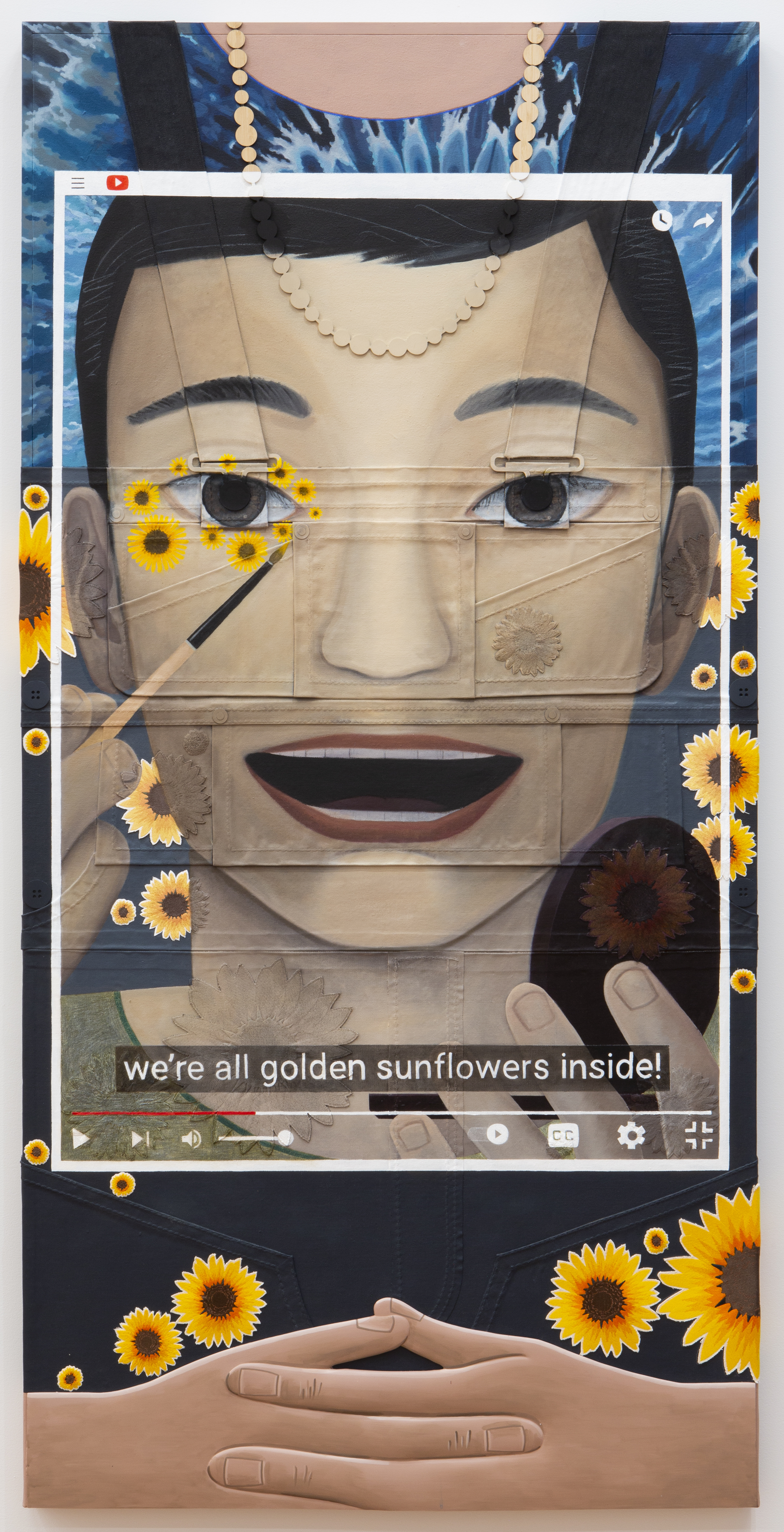 Influencer X Hippie, oil, acrylic, custom embroidery, wood, denim and 3d-printed plastic on canvas wrapped panel, 65" x 36", 2022