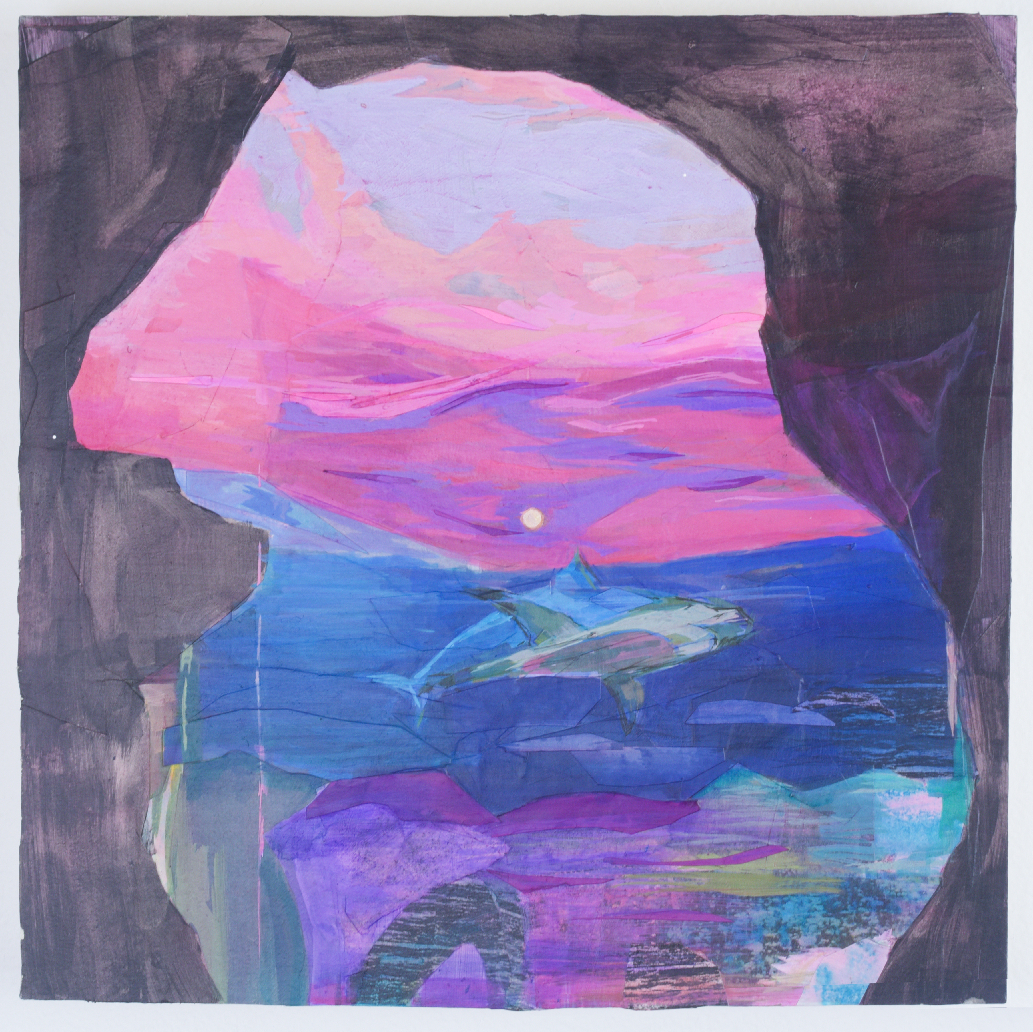 journey to the pink room, collaged paper and acrylic on panel12 in x 12 in, 2022