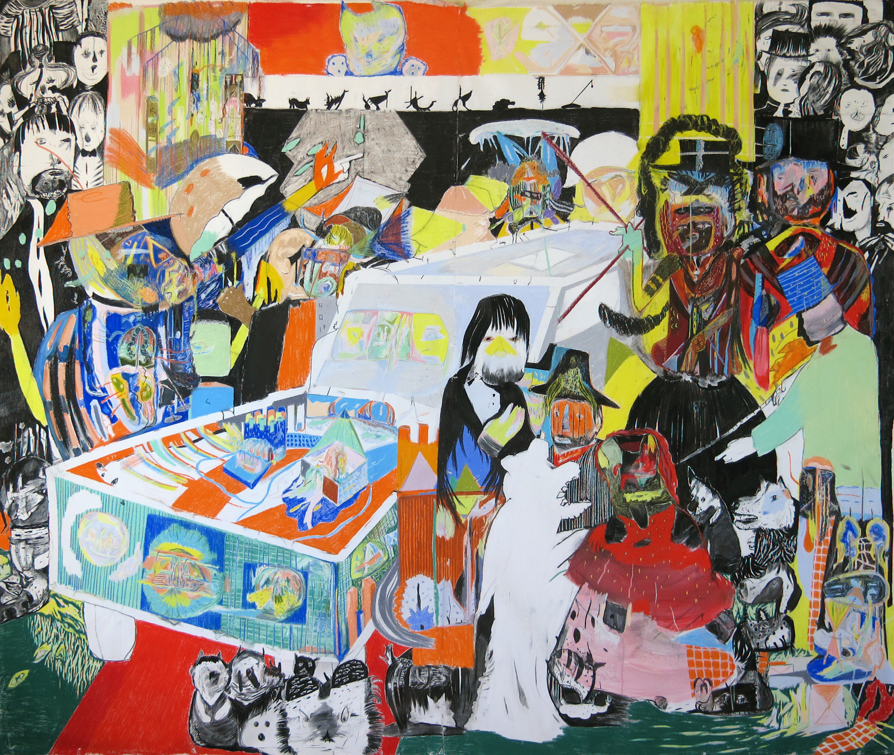 "Halloween Party", 2021. Charcoal and pastel on paper, 210 x 260 cm