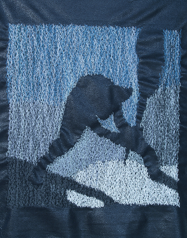 London Calling. Embroidery on pleather. 14" x 14". 2014. Photo: Tim Thayer.