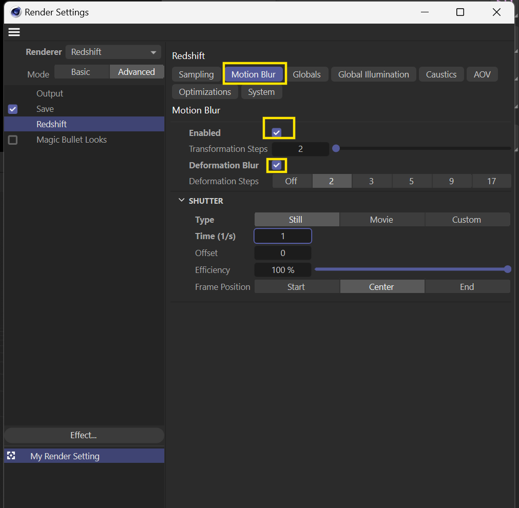RS Render settings, experiment with different shutter speeds and types