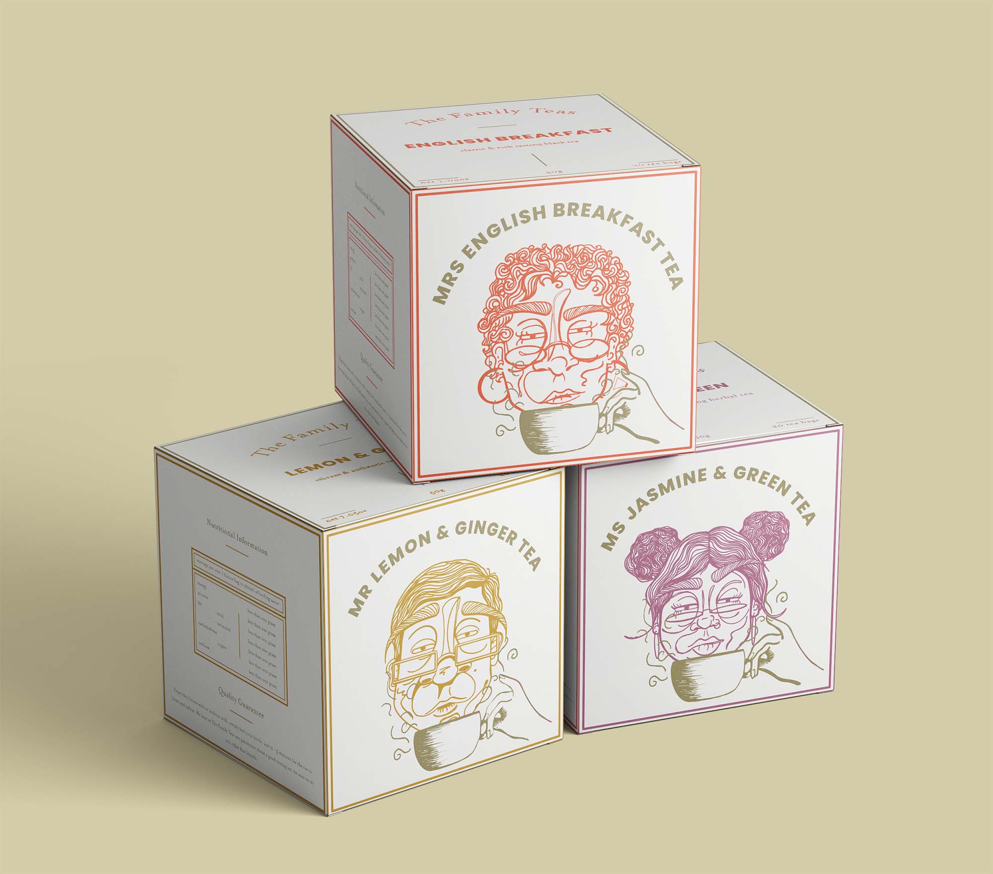 The Family Teas: Have you ever thought that a tea blend may have a type of personaliTEA? The Family Teas is a brand of tea which plays on the phrase 'family tree'. It is this idea that formulated the names and character designs for each of the tea blends. The Family Teas aims to be apart of the users lifestyle, to be a part of the family.
