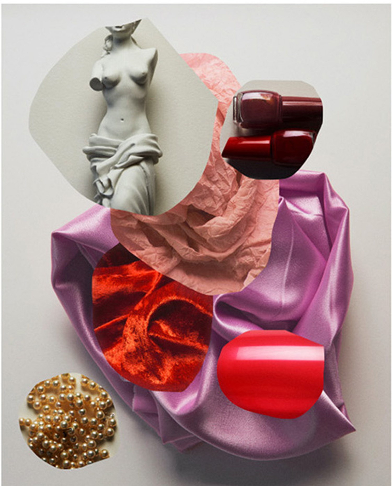 KMA stylist Sara Wacksman designs set for an abstract photo of a collage of a pearl necklace a statue and nail polish bottles