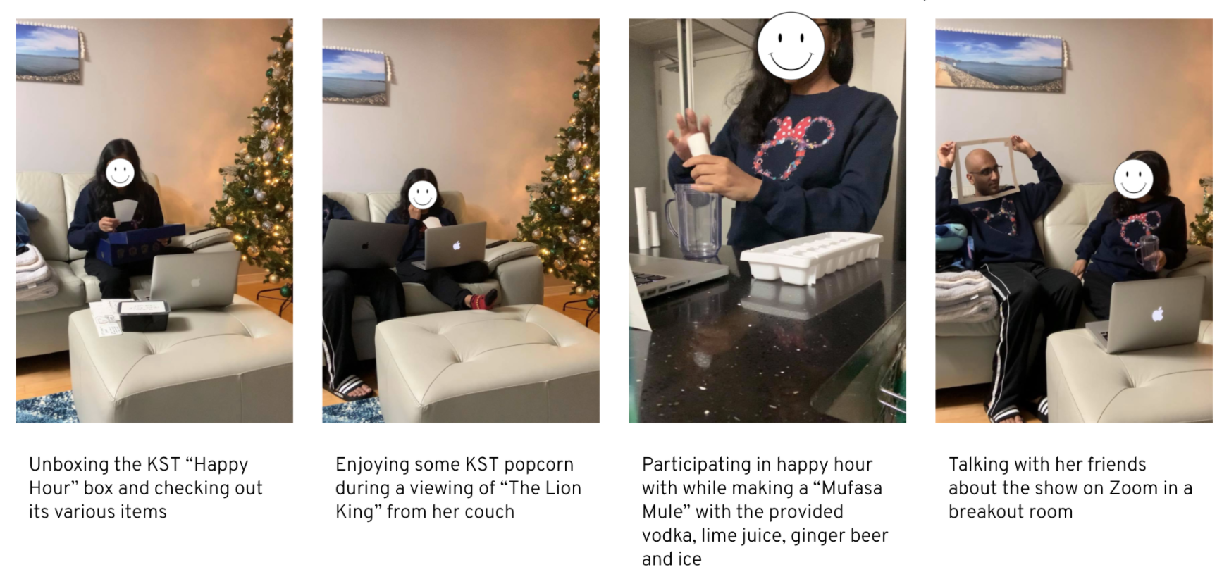 Participants were encouraged to interact with and immerse themselves in the bodystorming experience. We acted as a "friend" to speak to during the post-show breakout room by holding up an artificial screen