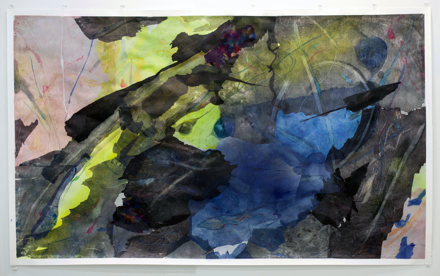 "Untitled", 8'x5', alcohol ink, silkspan tissue paper and spray paint on academia. 2019