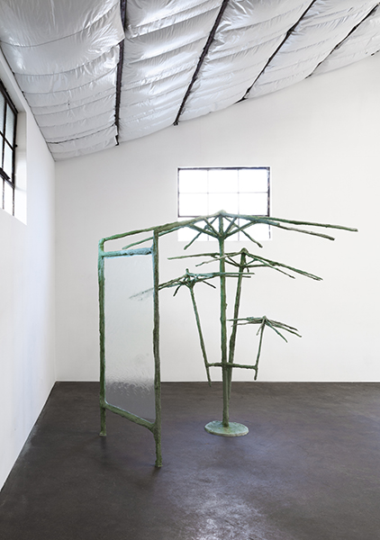 PDA II, 2018, umbrellas, steel, plaster, burlap, sand, pigment, glass, vaseline