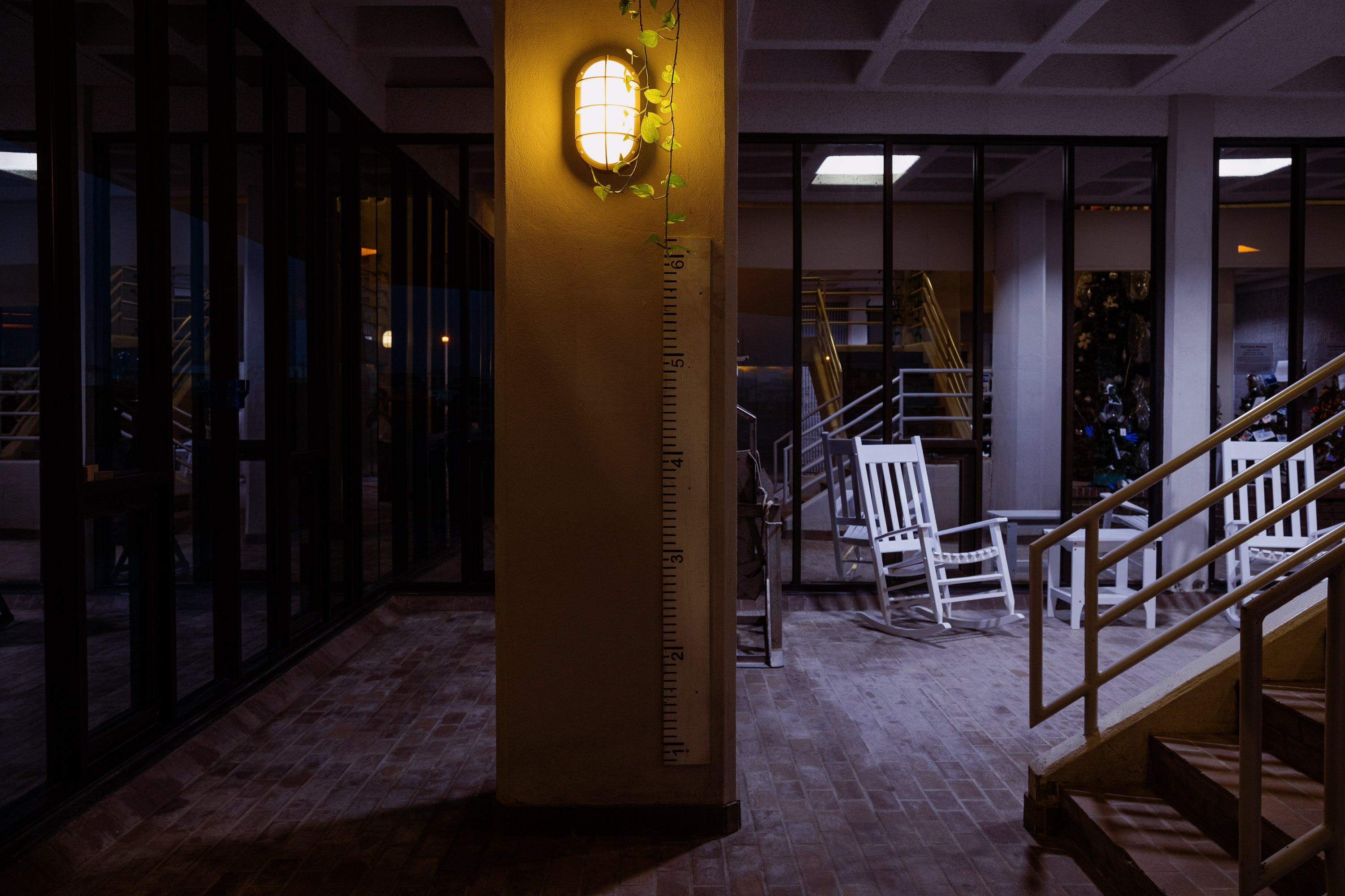 A measuring device hangs in the main entrance of the LUMCON building to track how high flood waters get.